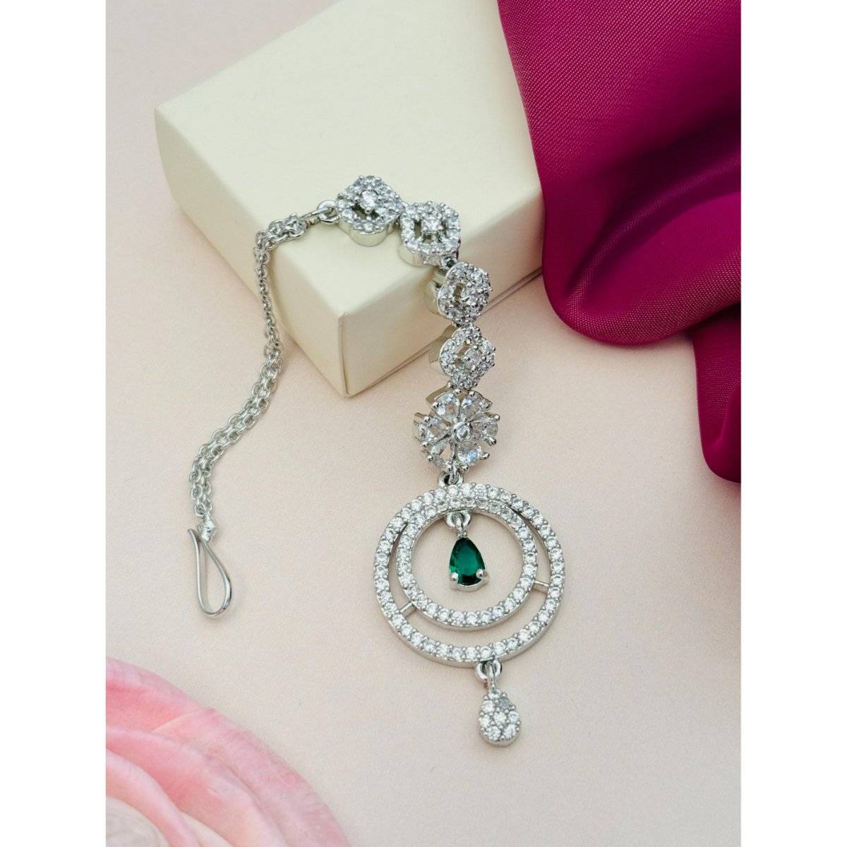 Abdesigns Silver-Plated American Diamond Studded Maang Tikka - Green