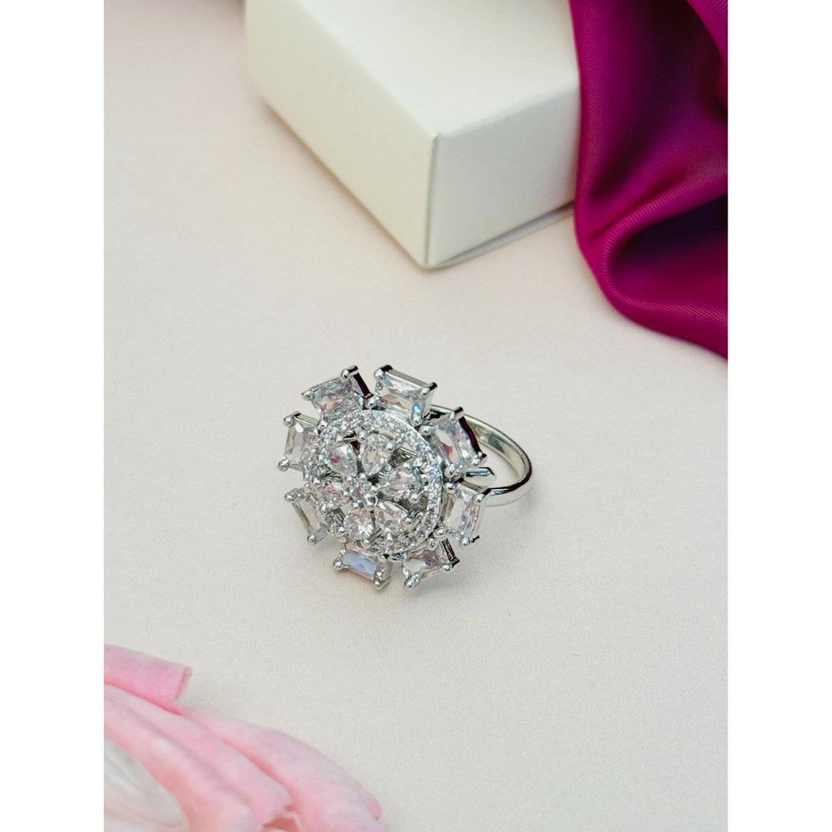 Abdesigns Exquisite Silver Plated American Diamond Ring - White
