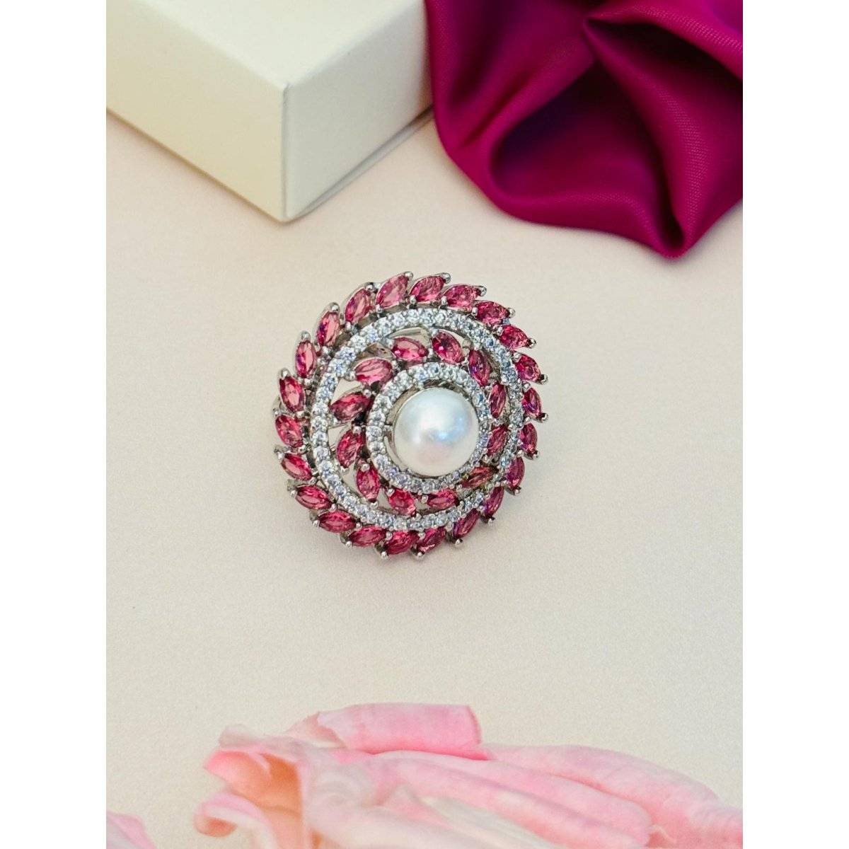 Abdesigns Exquisite Silver Plated American Diamond Ring - Red