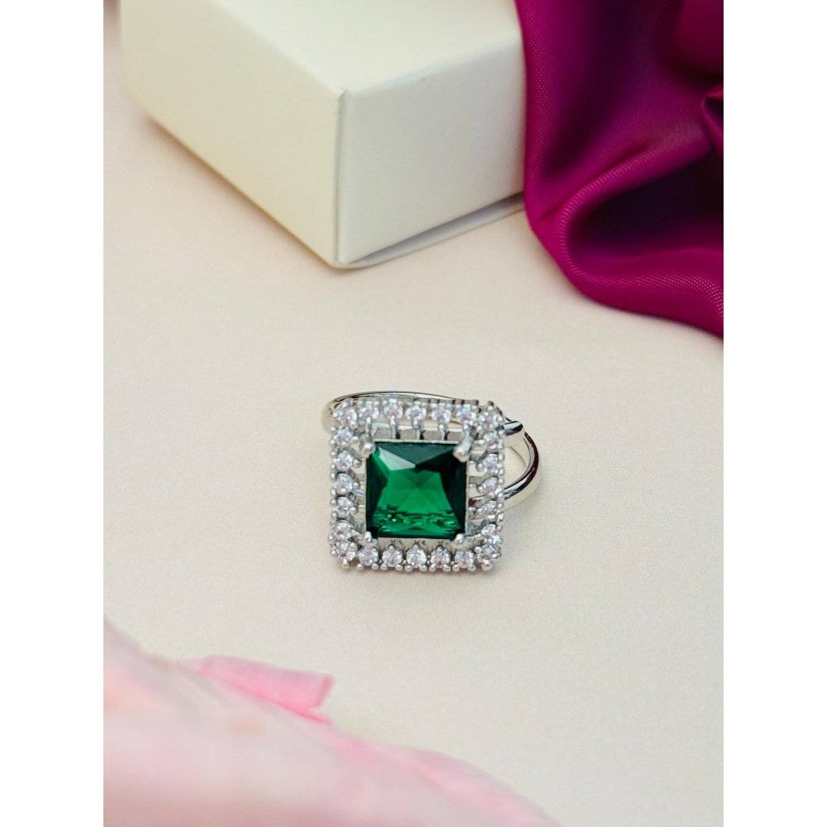 Abdesigns Exquisite Silver Plated American Diamond Ring - Green