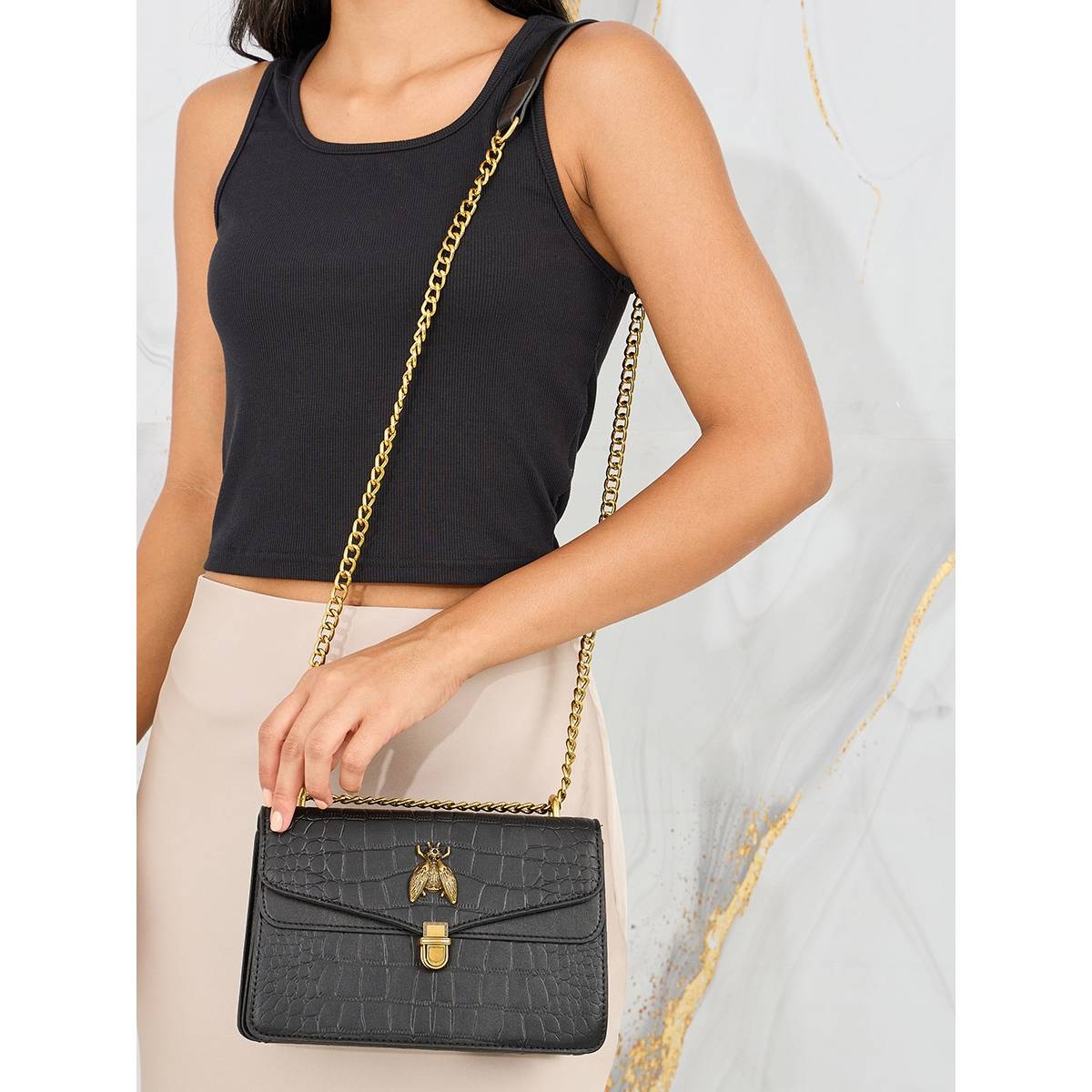 Styli Womens Black Pu Metal Patch Design Textured Flap Shoulder Bag