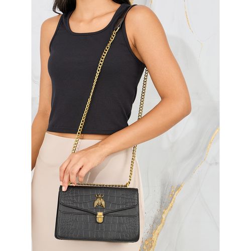 Styli Womens Black Pu Metal Patch Design Textured Flap Shoulder Bag - Main Image