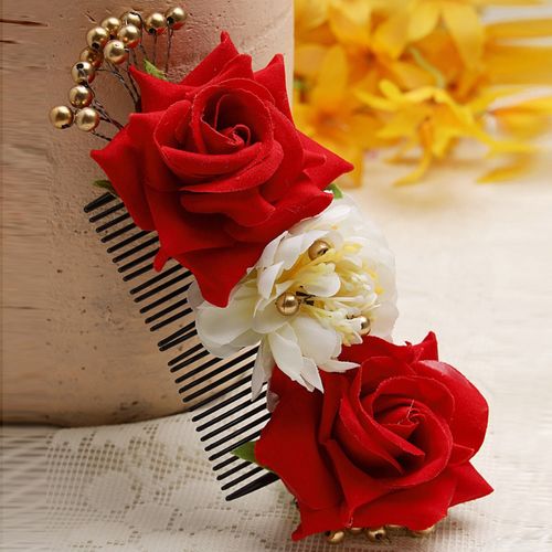 Moedbuille Red and Off White Floral Design Gold Toned Beads and Lace  Handcrafted Bun Pin: Buy Moedbuille Red and Off White Floral Design Gold  Toned Beads and Lace Handcrafted Bun Pin Online