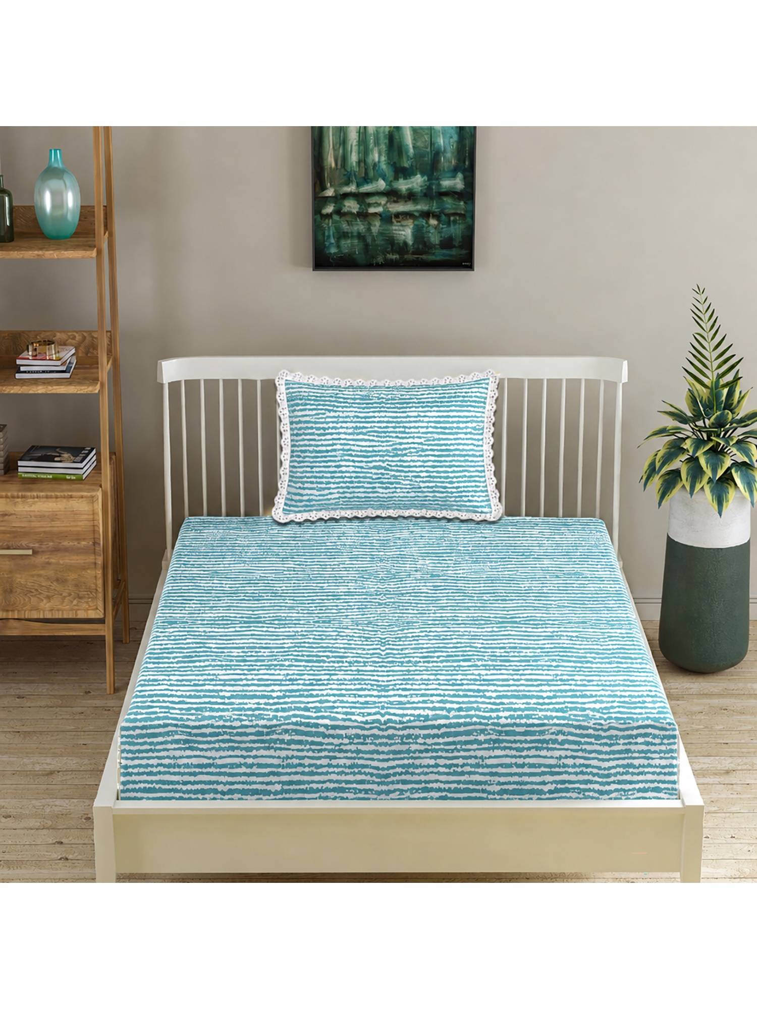 MORADO Glace Cotton Blue Single Bedsheet with Pillow Cover
