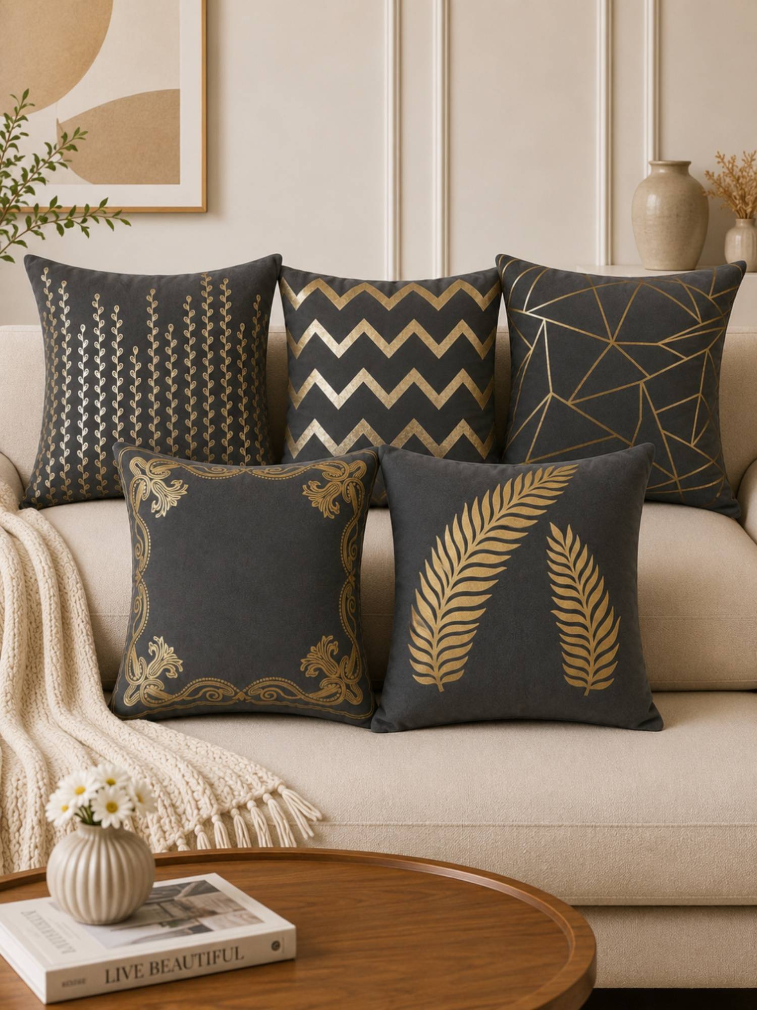 HOSTA HOMES Soft Velvet Foil Printed Grey Cushion Covers (Pack Of 5)