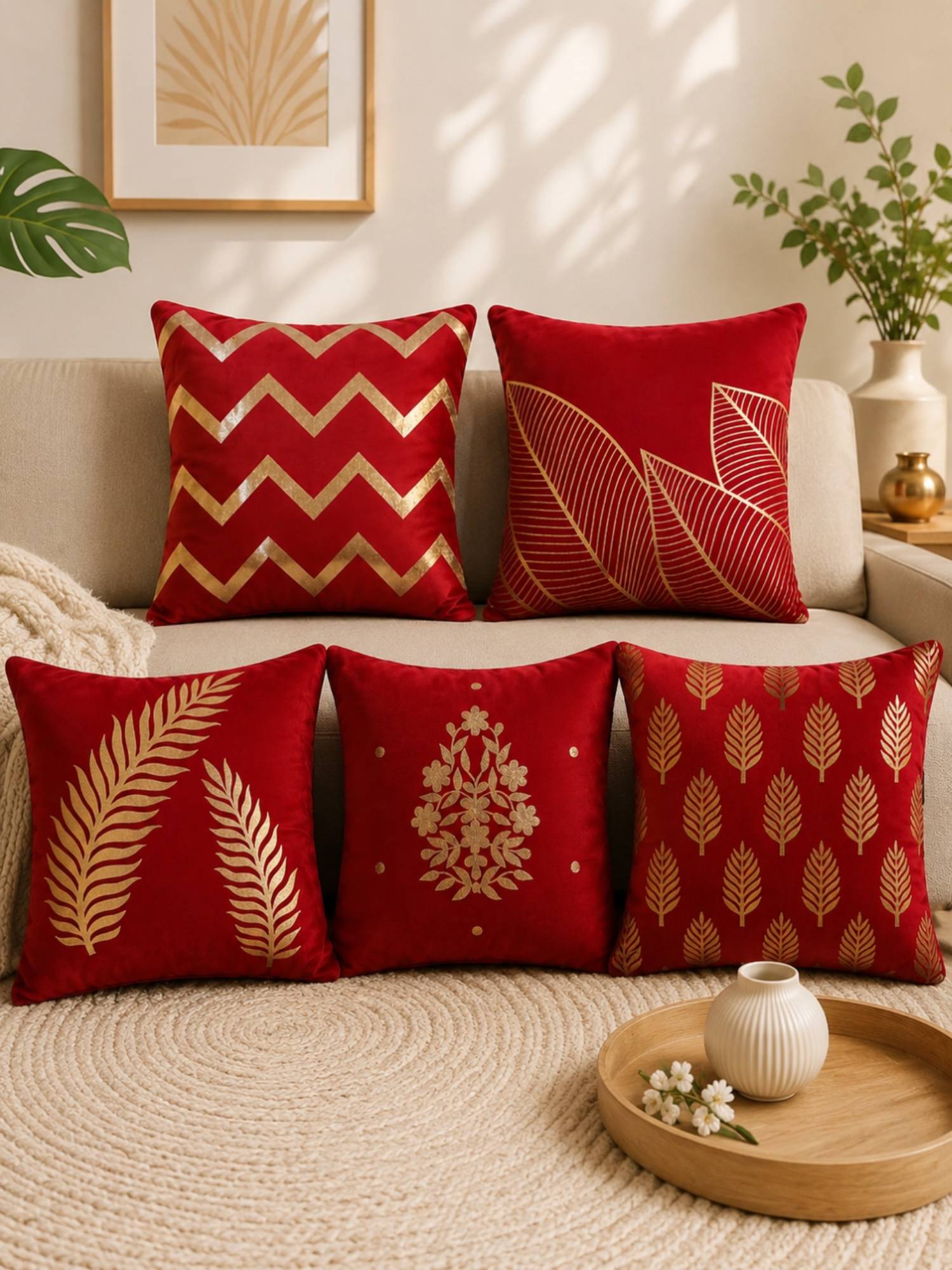 HOSTA HOMES Soft Velvet Foil Printed Red Cushion Covers (Pack Of 5)