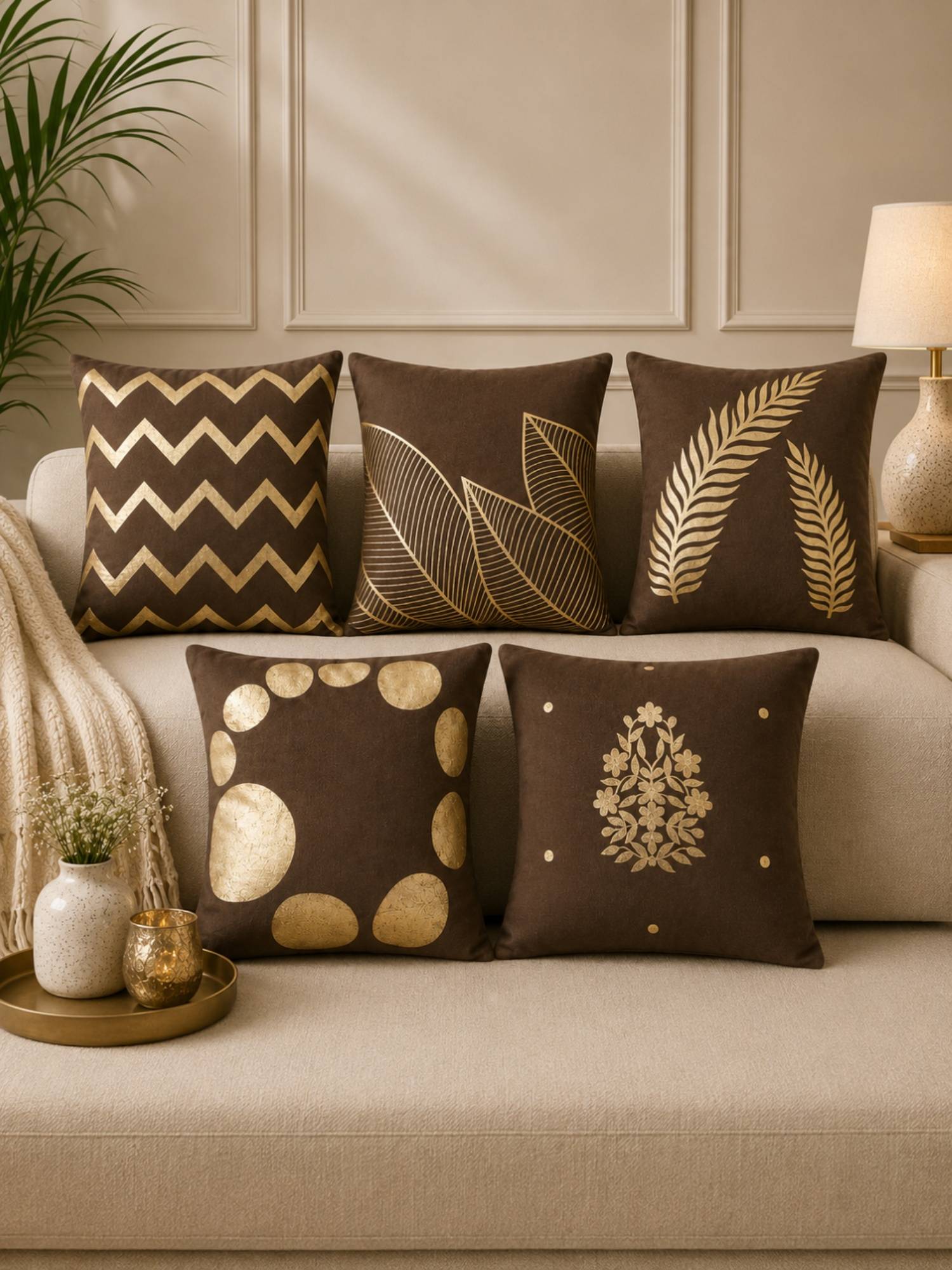 HOSTA HOMES Soft Velvet Foil Printed Brown Cushion Covers (Pack Of 5)