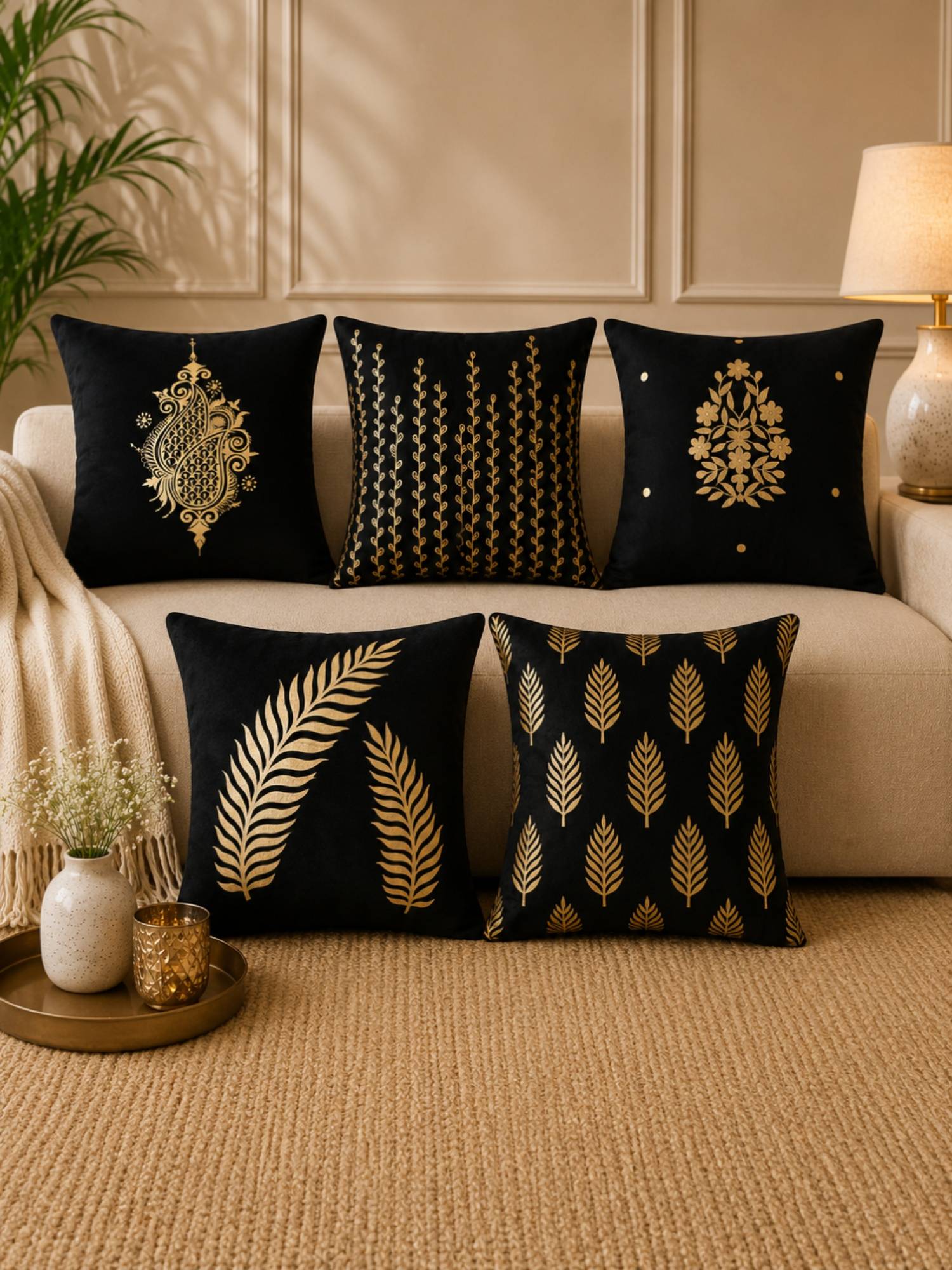 HOSTA HOMES Soft Velvet Foil Printed Black Cushion Covers (Pack Of 5)
