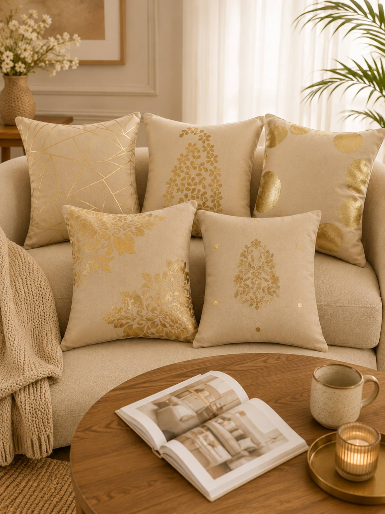 HOSTA HOMES Soft Velvet Foil Printed Cream Cushion Covers (Pack Of 5)