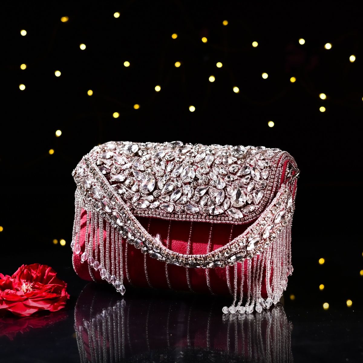 sugarcrush Crystal Beaded Pearl Tassel Luxury Clutch Flap Bag-Red