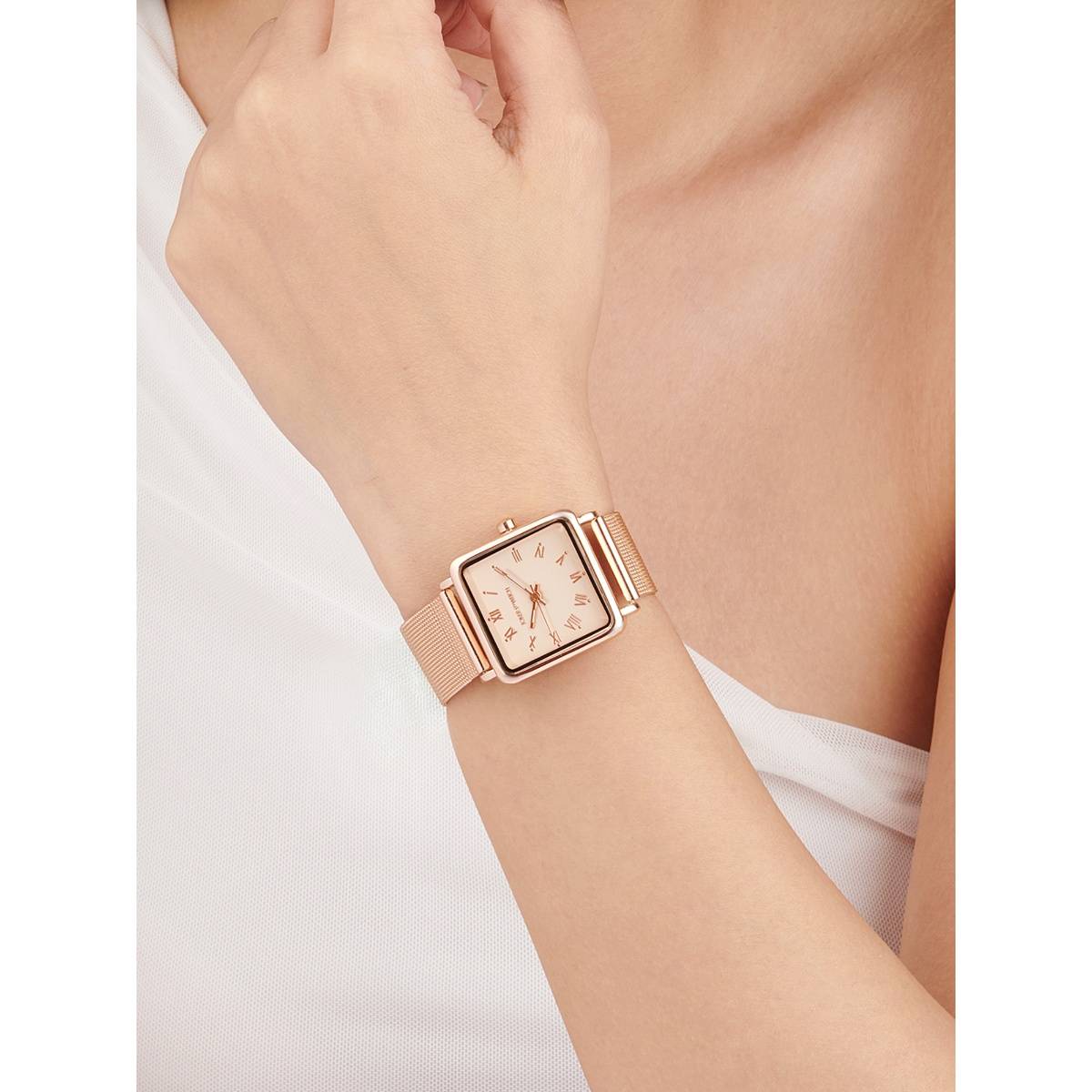 Joker & Witch Vintage Square Dial Rosegold Mesh Strap Watch-AMWW954 (M)