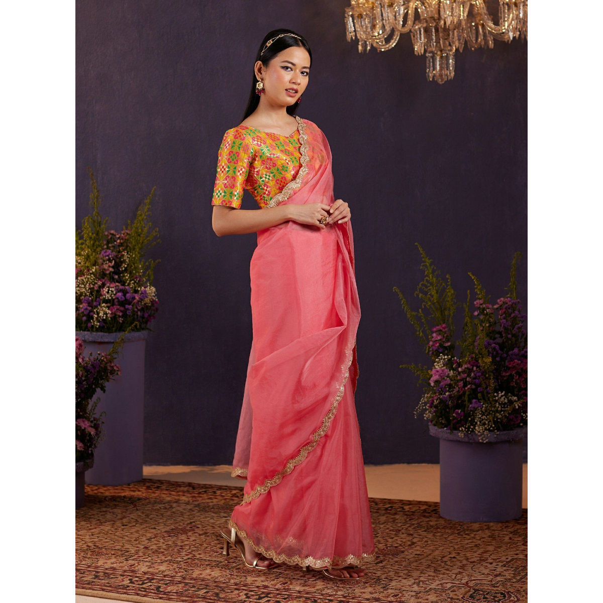 Pink Banarasi Gold Zari And Pink Meena Alfi Brocade Handwoven Katan Silk  Saree with Rani Pink Contrast Blouse-HolyWeaves