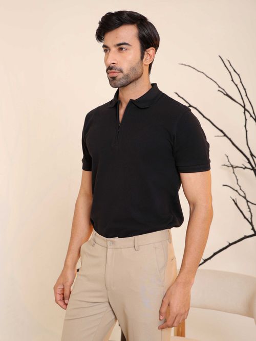 Buy Subtract Men Black Comfort Fit Solid Polo T-Shirt with Hidden
