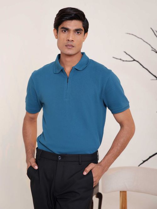 Subtract Men Dark Teal Comfort Fit Solid Polo T-Shirt with Hidden Zipper