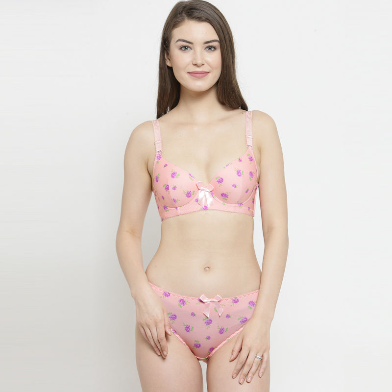 PrettyCat Elegant Floral Print Bra And Panty Set - Pink (32B)