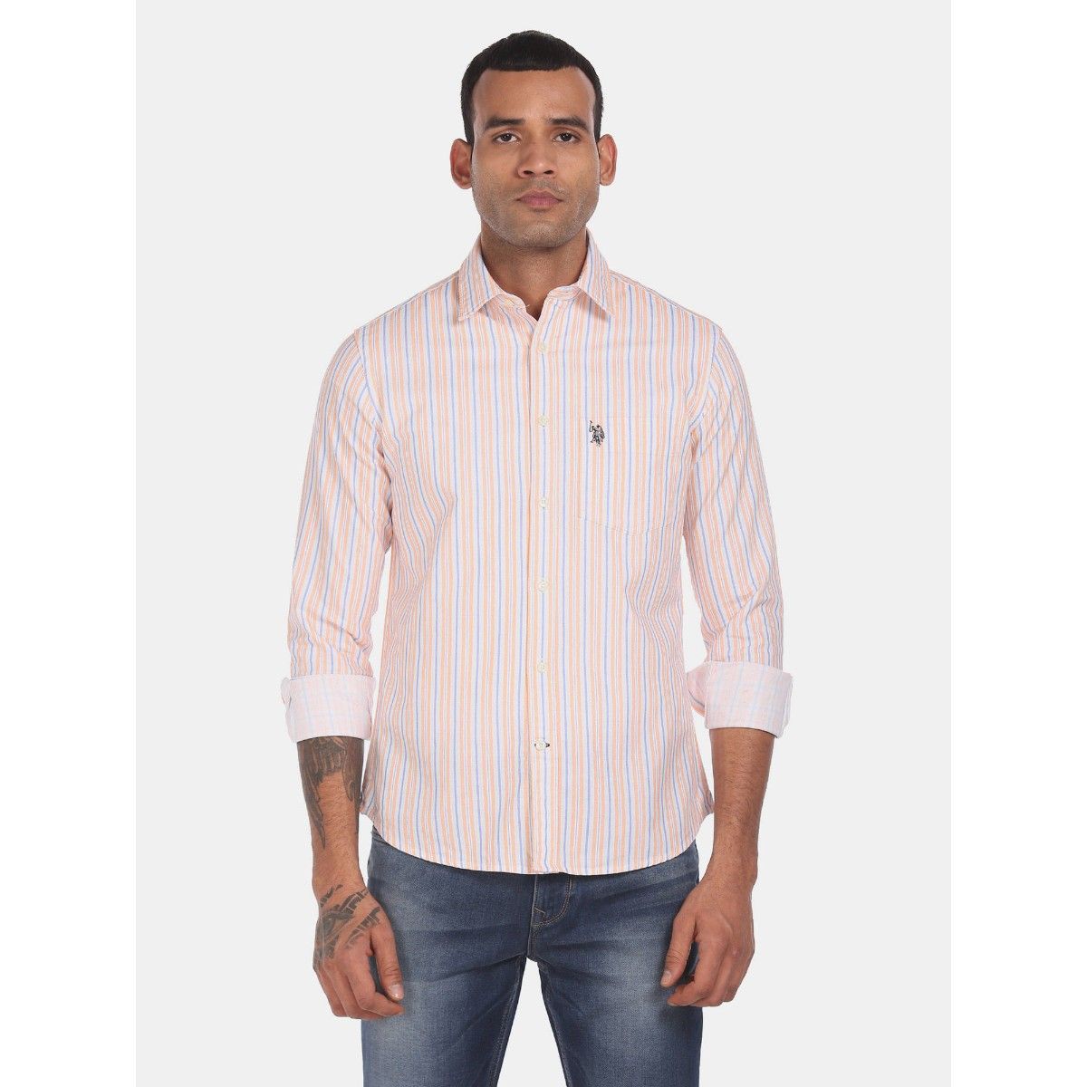 Buy POLO Light Orange Rounded Cuff Striped Casual Shirt