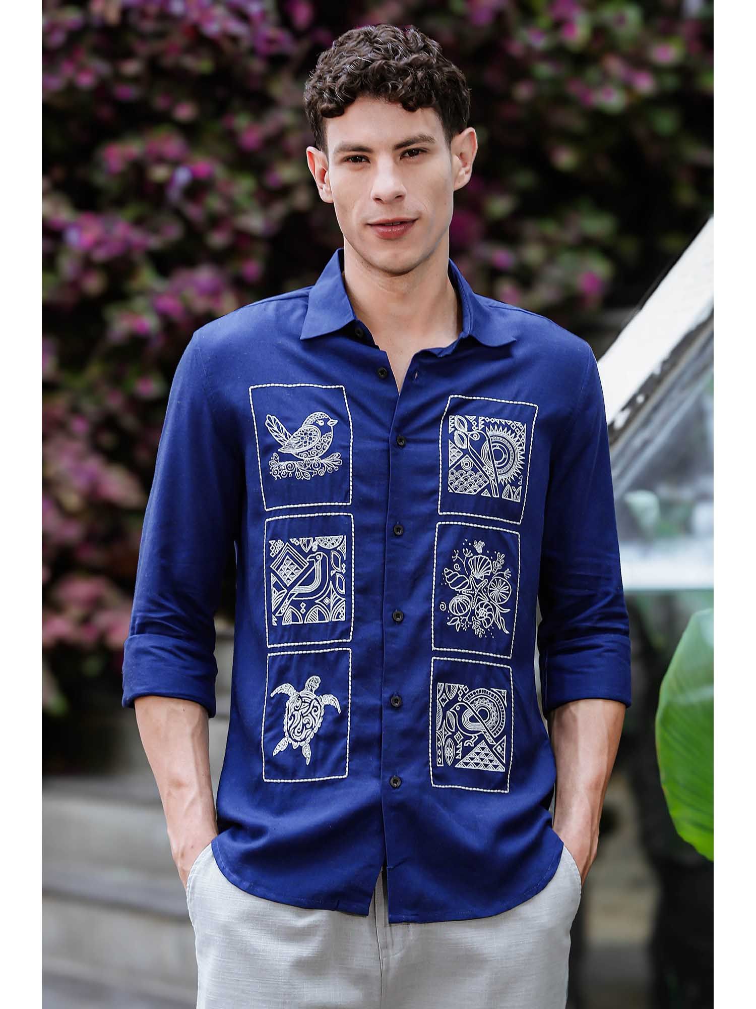 トップス Esan Buy Eszett Embroidery Structure Blue Linen Shirt Online