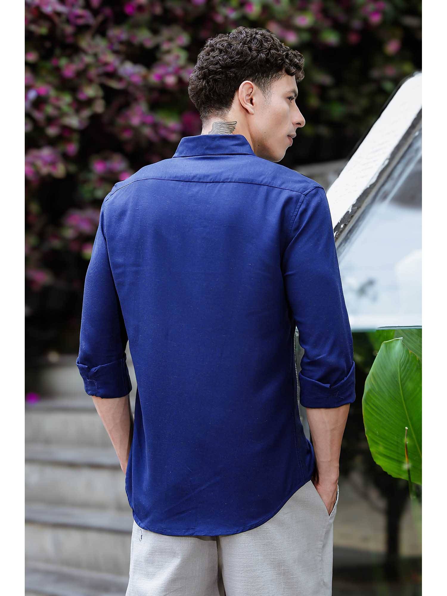 Buy Eszett Embroidery Structure Blue Linen Shirt Online
