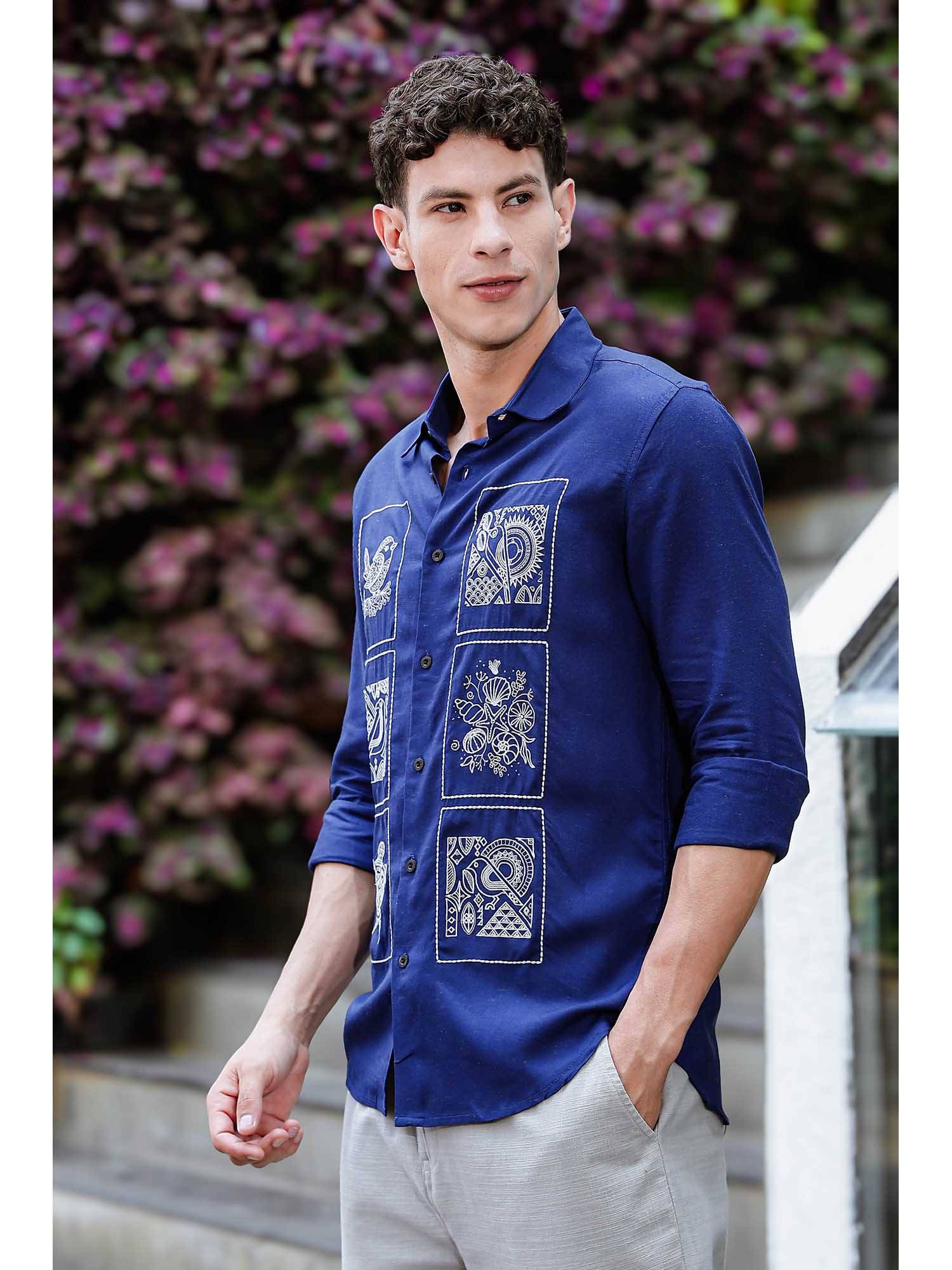 Buy Eszett Embroidery Structure Blue Linen Shirt Online