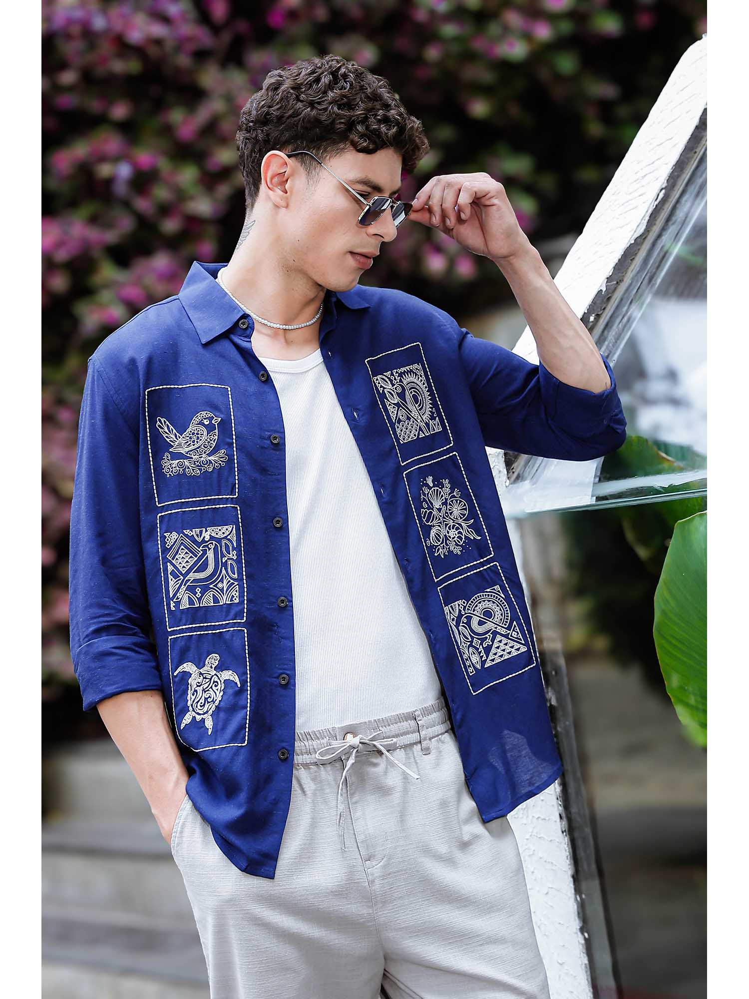 Buy Eszett Embroidery Structure Blue Linen Shirt Online