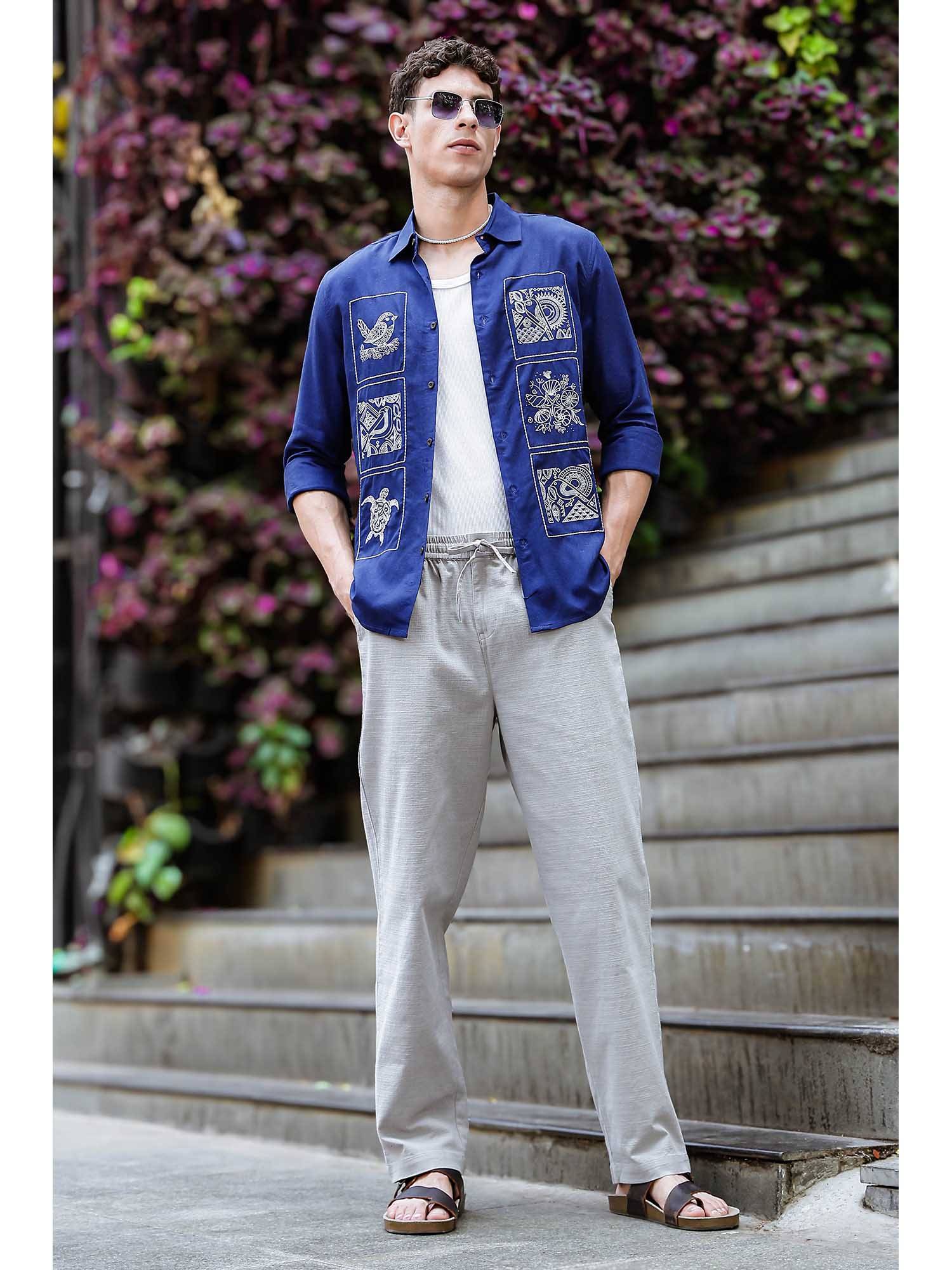 Buy Eszett Embroidery Structure Blue Linen Shirt Online