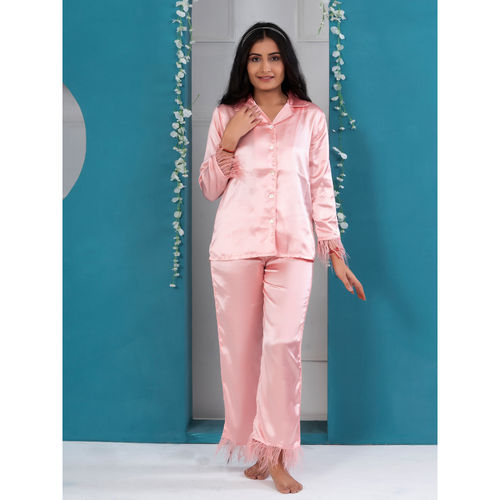 EZME STUDIO Pink Ostrich Feather Shirt and Pyjama (Set of 2) (XS)