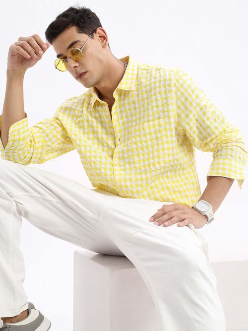 Buy SHOWOFF Mens Long Sleeves Gingham Checks Slim Fit Yellow Shirt