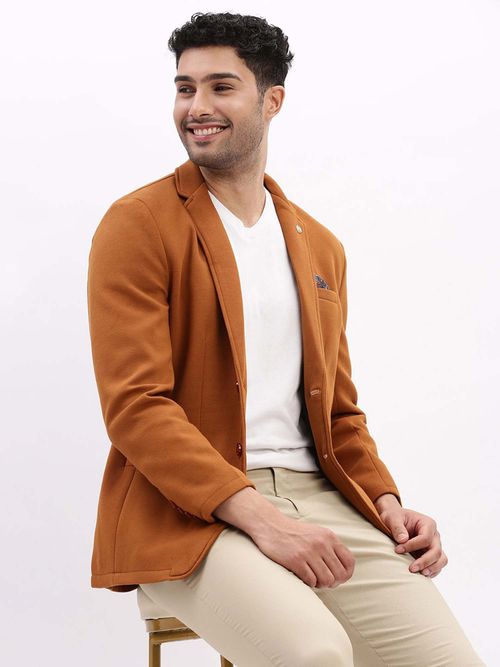 SHOWOFF Mens Solid Notched Lapel Camel Rust Single Breasted Blazer