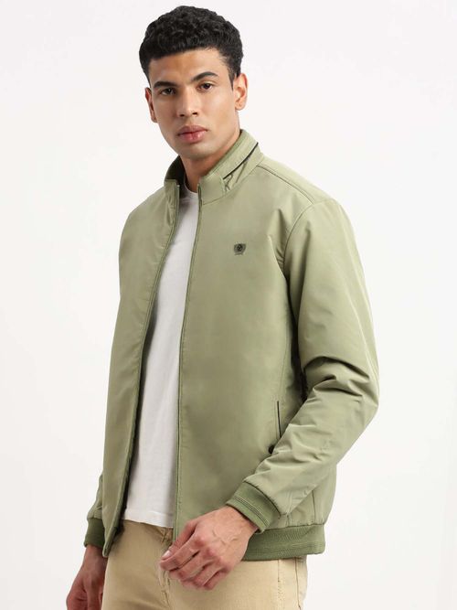 Buy SHOWOFF Mens Mock Collar Green Solid Bomber Jacket Online