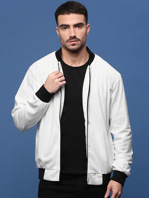 SHOWOFF Men High Collar Solid White Bomber Jacket