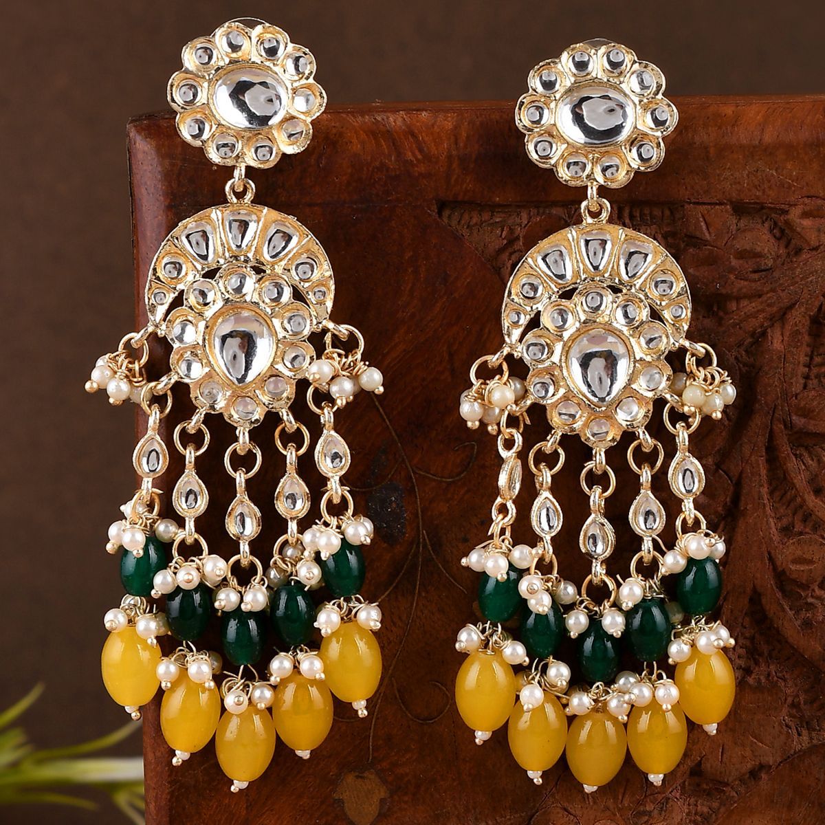 Shoshaa Gold Plated Green and Yellow Kundan Drop Earrings