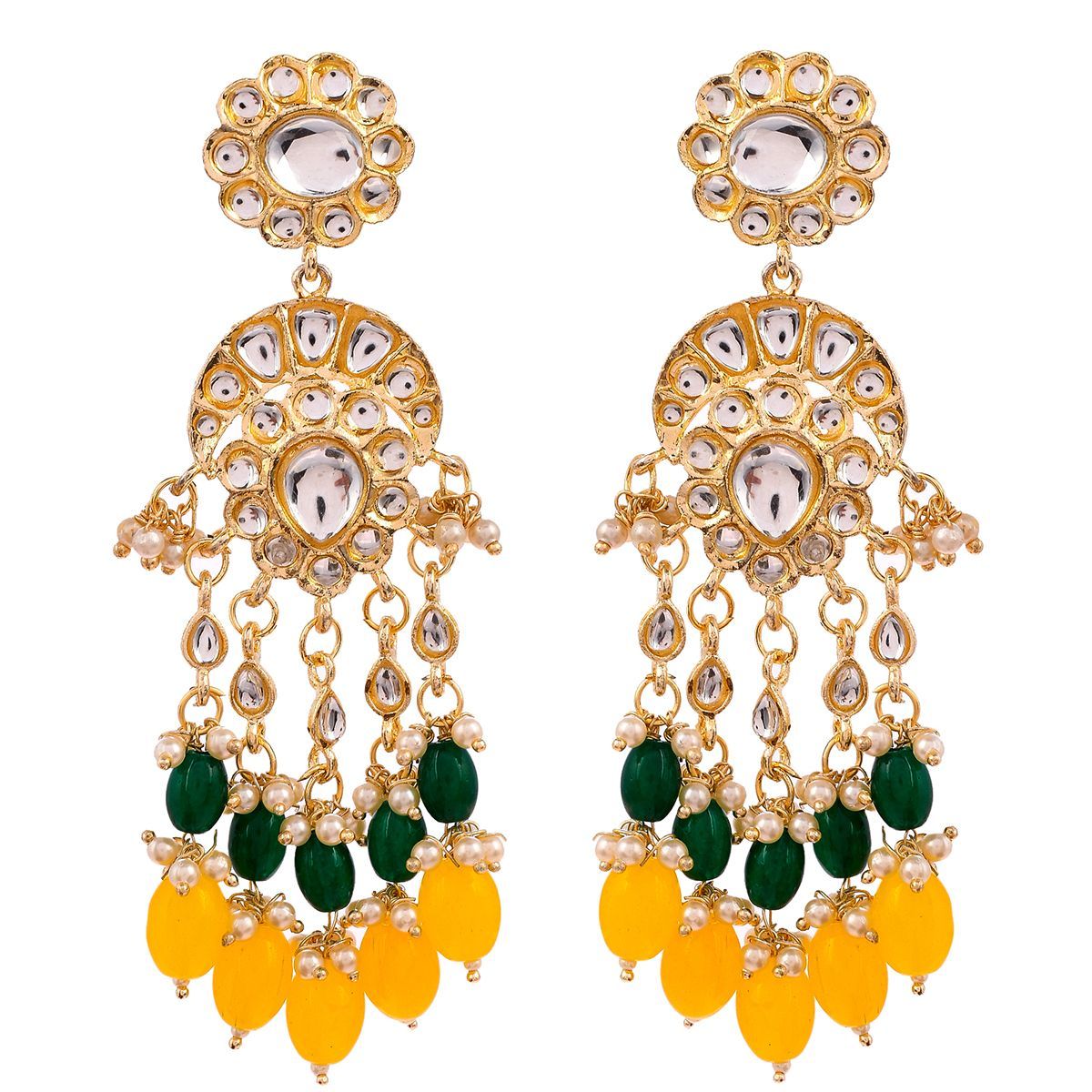 Shoshaa Gold Plated Green and Yellow Kundan Drop Earrings