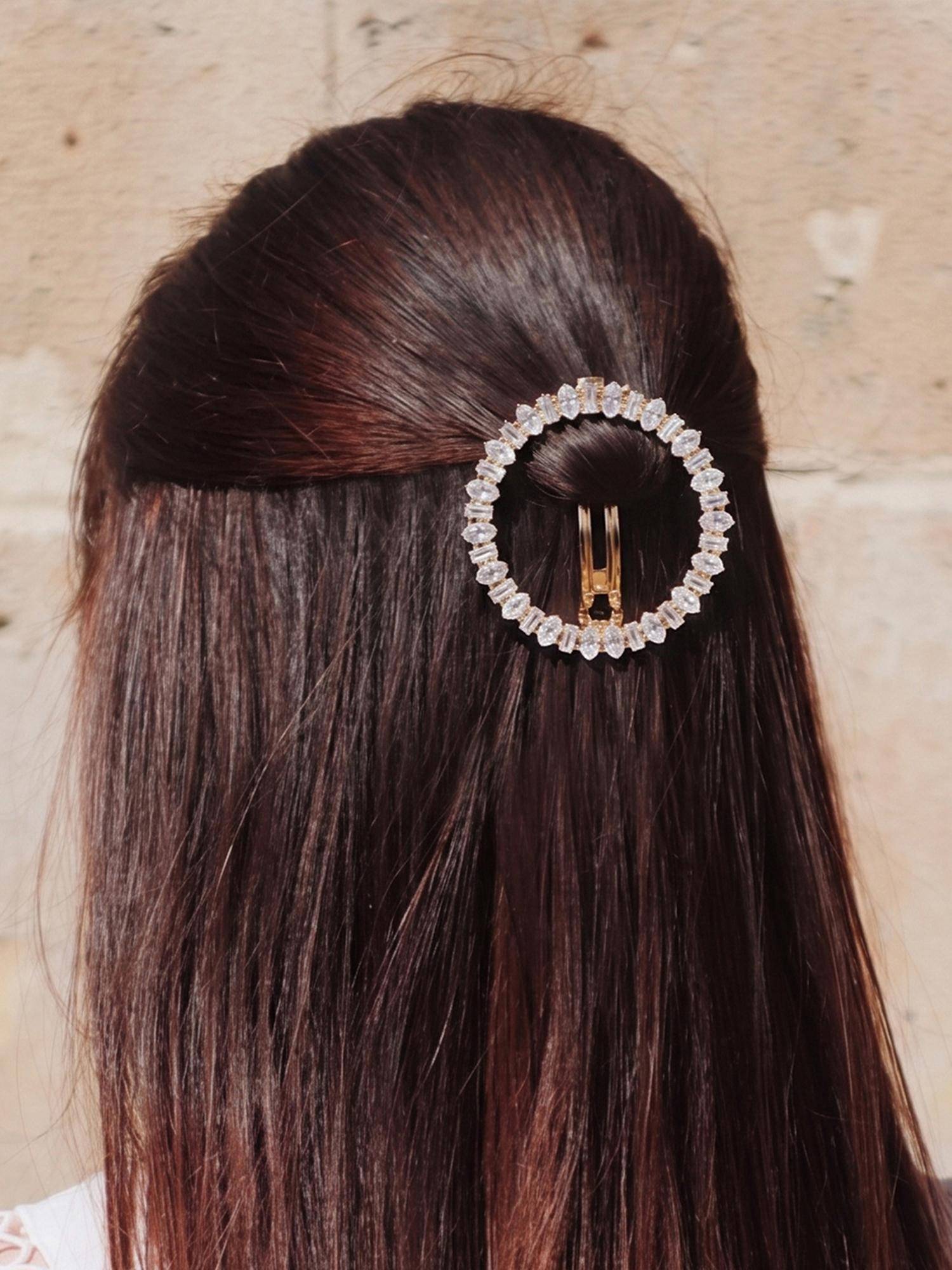 Peora Gold Plated Circular Studded Hair Bun Pin with White Stones - PF113HB01G