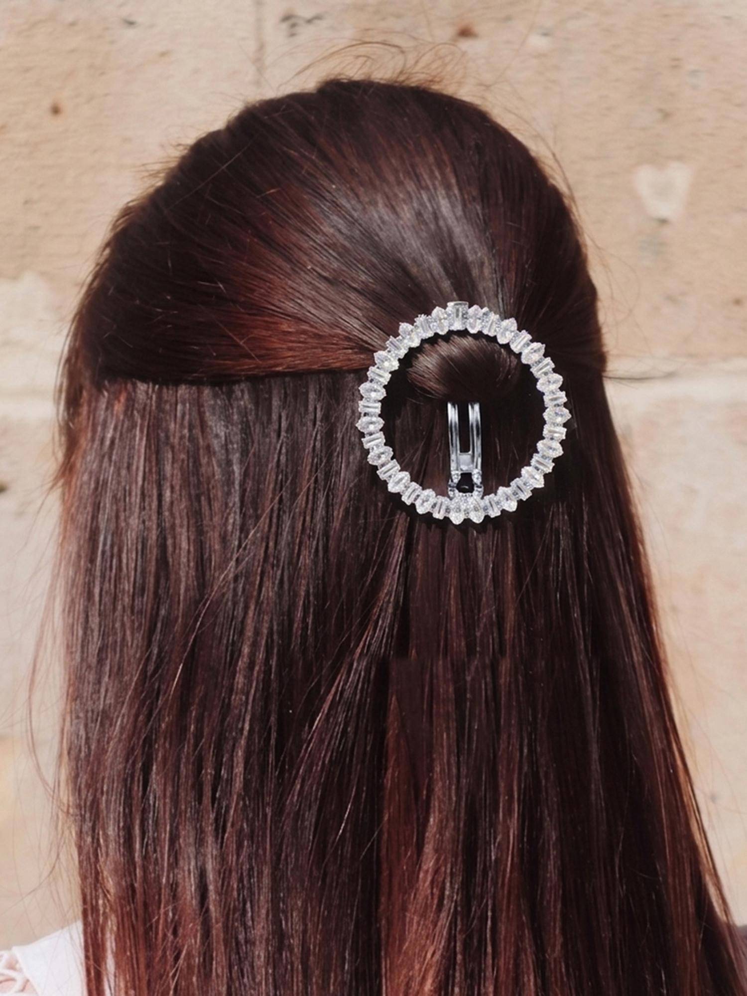 Peora Rhodium Plated Circular Studded Hair Bun Pin with White Stones - PF113HB01S