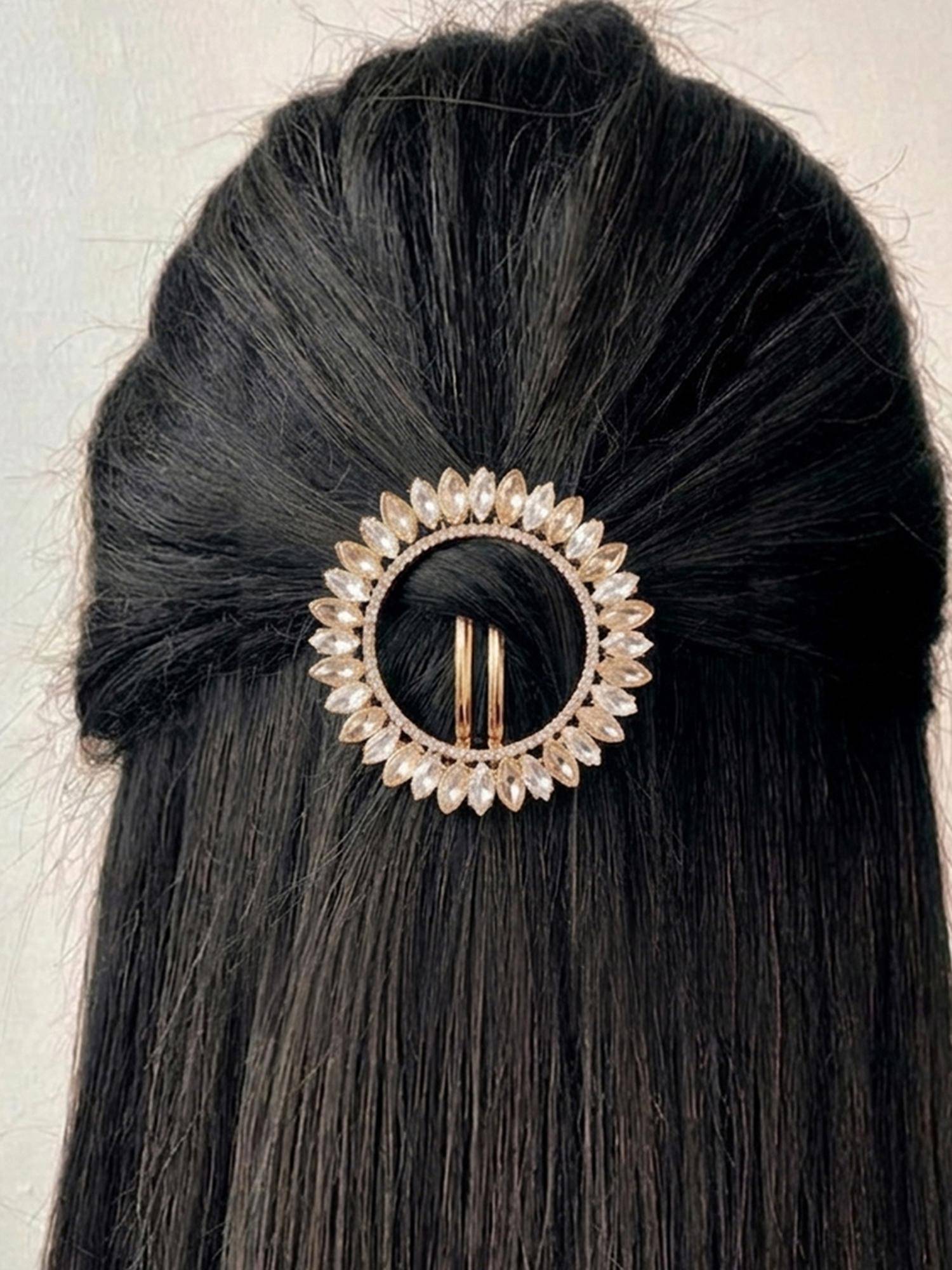 Peora Gold Plated Floral Ring Studded Hair Bun Pin with White Stones - PF113HB02G