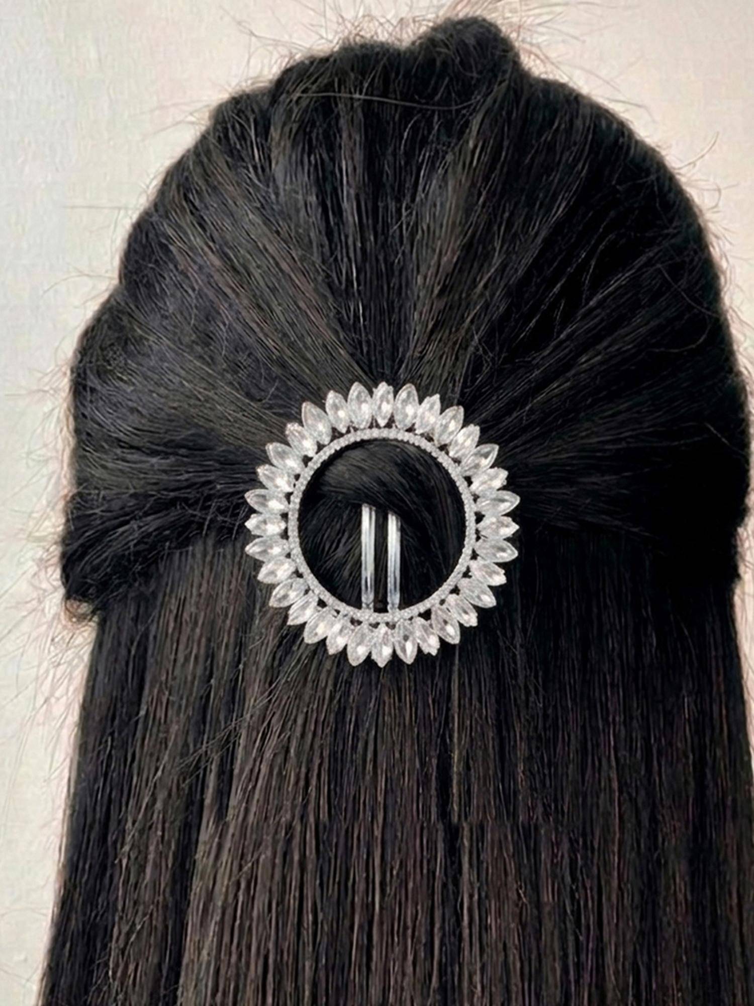 Peora Rhodium Plated Floral Ring Studded Hair Bun Pin with White Stones - PF113HB02S