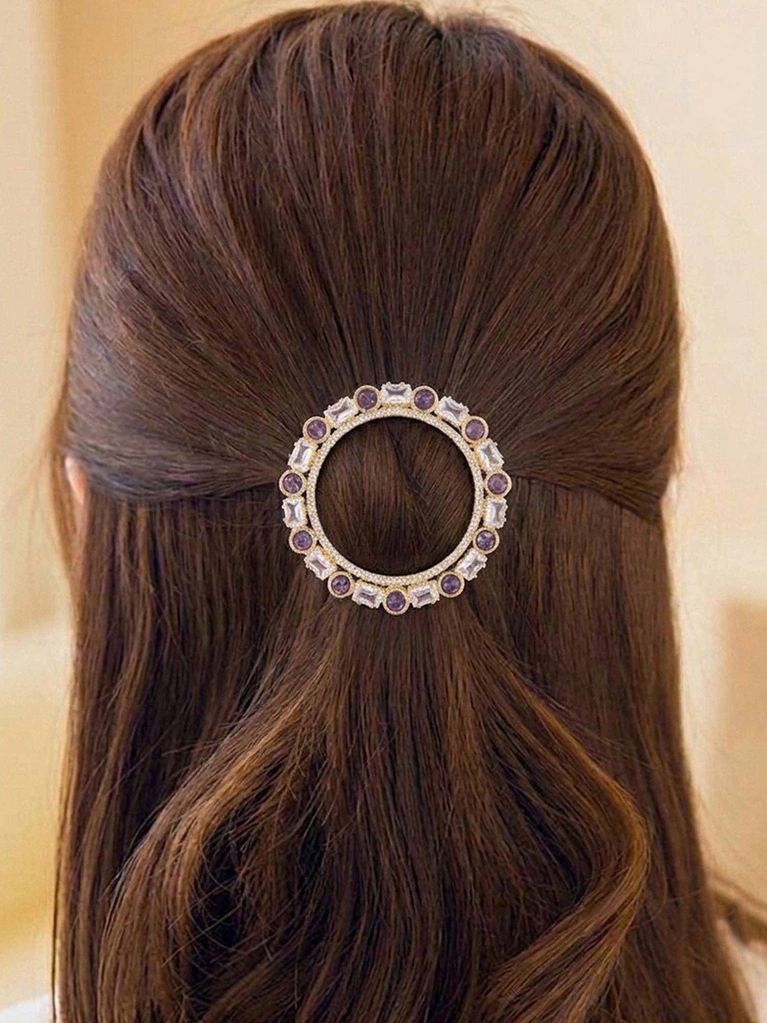 Peora Gold Plated Circular Hair Bun Pin with White and Maroon Stone Detailing - PF113HB03G