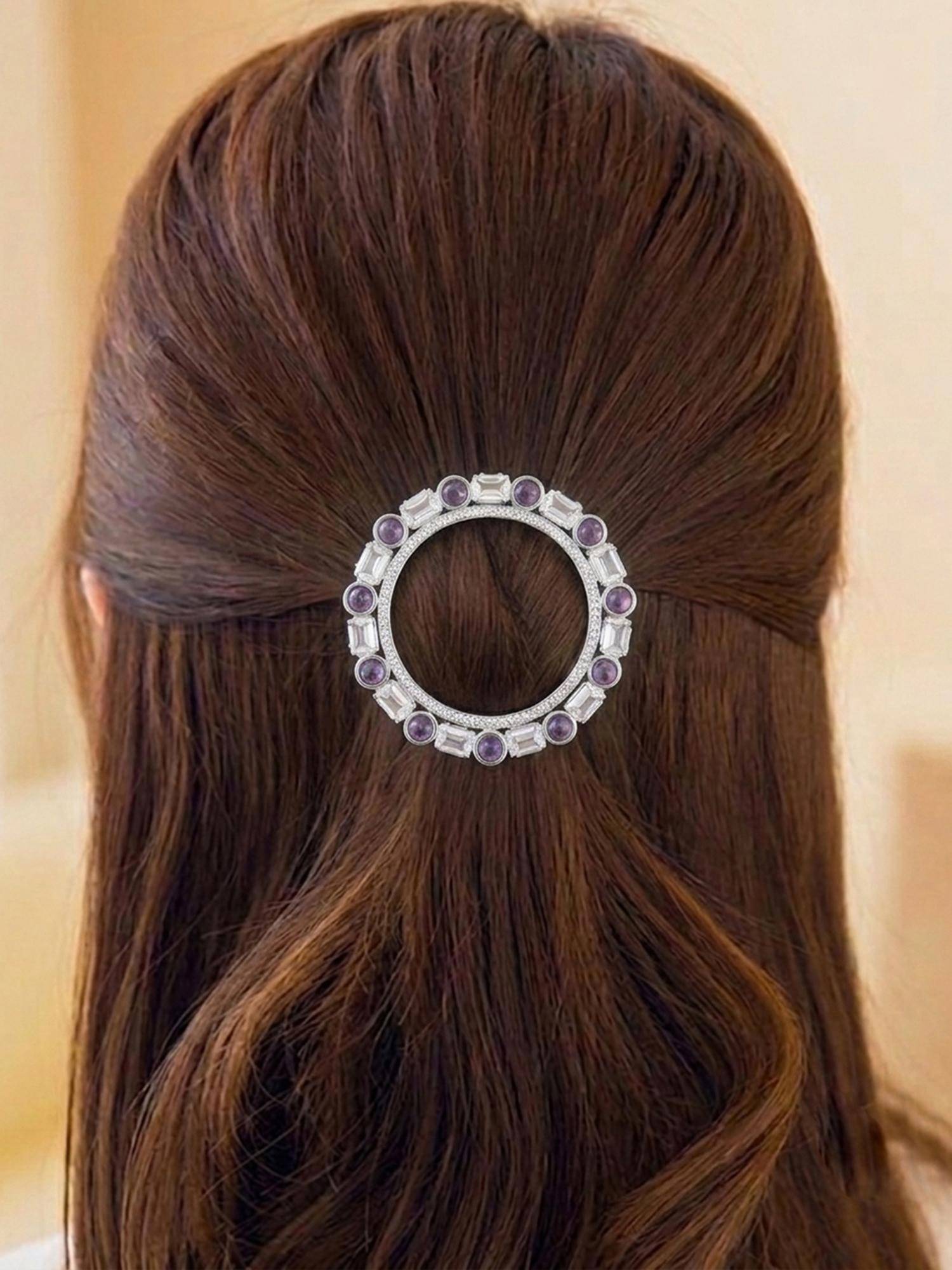 Peora Rhodium Plated Circular Hair Bun Pin with White and Maroon Stone Detailing - PF113HB03S