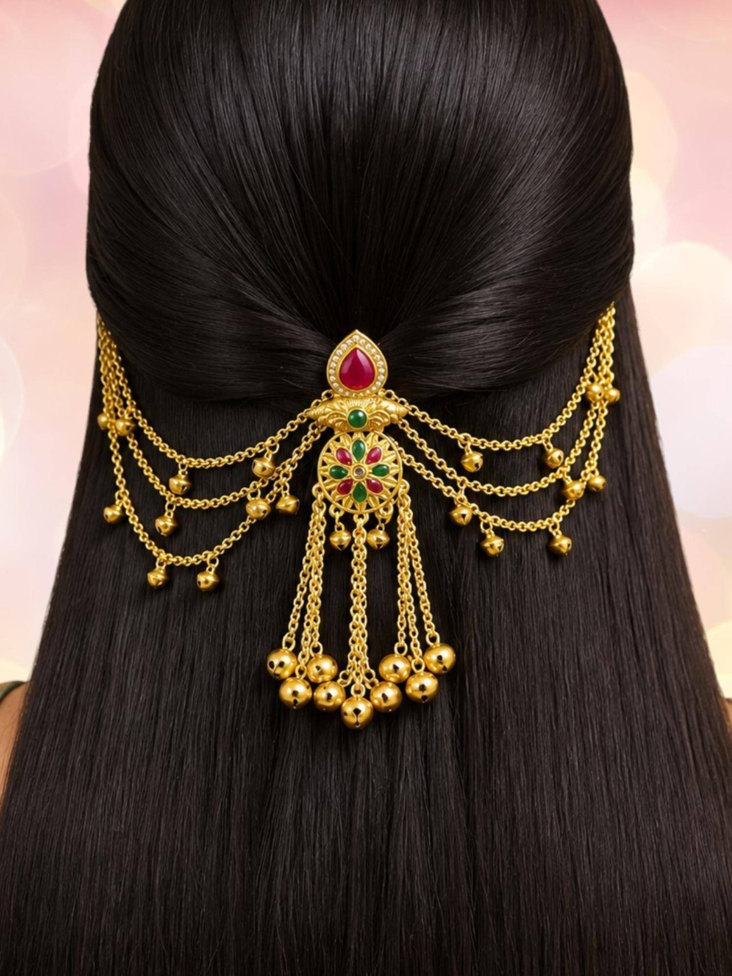 OOMPH Gold Heritage Rajwadi with Ghungroo Kashmiri Hair Bun Juda Pin with Hair Chain