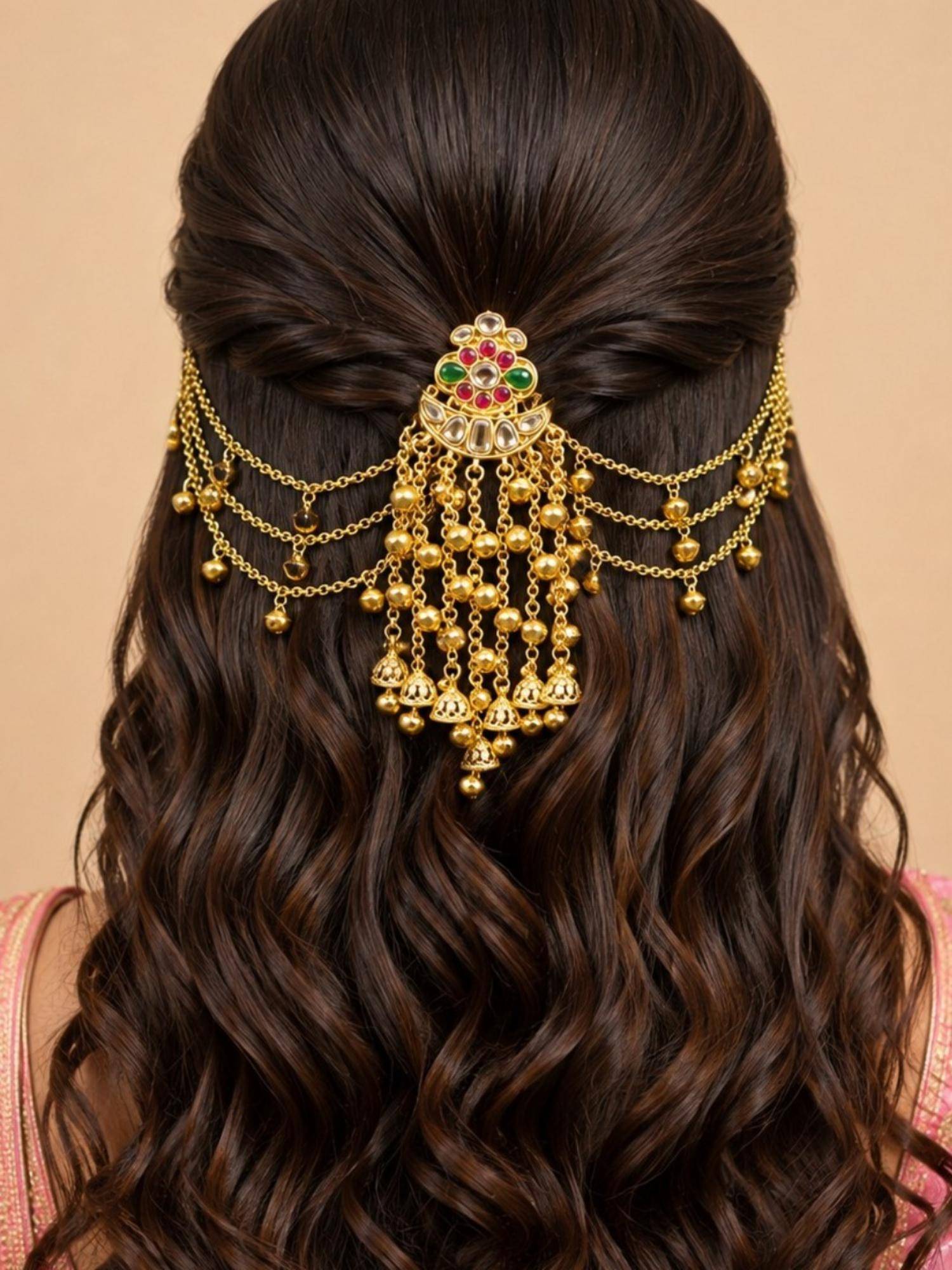 OOMPH Gold Heritage Rajwadi with Ghungroo Kashmiri Hair Bun Juda Pin with Hair Chain
