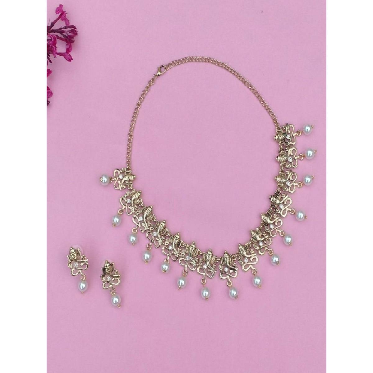Estele Gold Plated Antique Divine Ganesh Choker Necklace Set with Glowing Pearls for Women