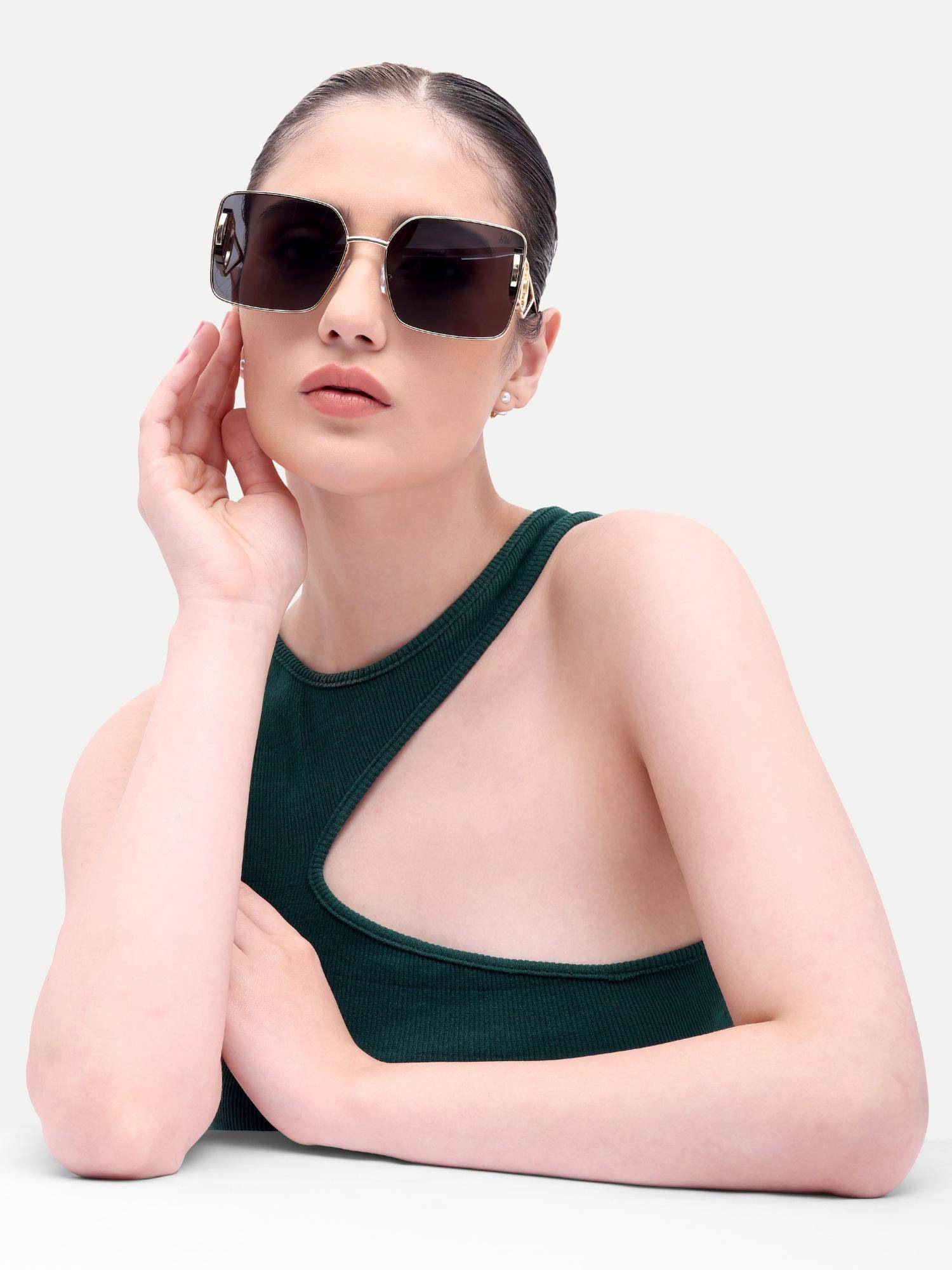 HAMILTANO WINSTON Women's Gold Black Metal Square Sunglasses (SKU395) (58)