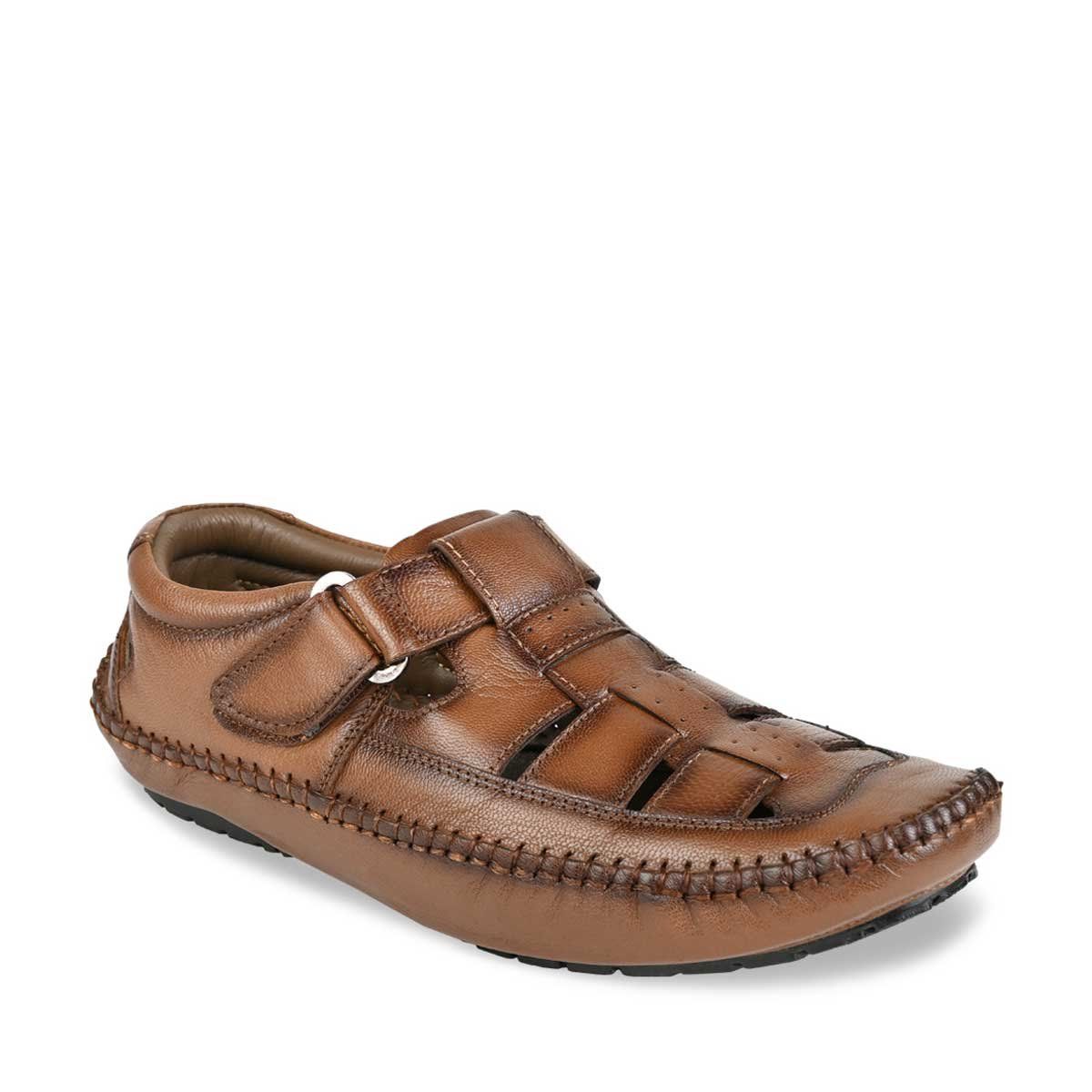 Buy REGAL Men Brown Solid Perforated Leather Sandals Online