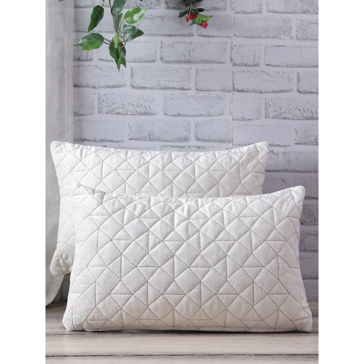 eyda Super Soft Velvet Ivory Color Set Of 2 Quilted Cushion Cover-12X20 Inch