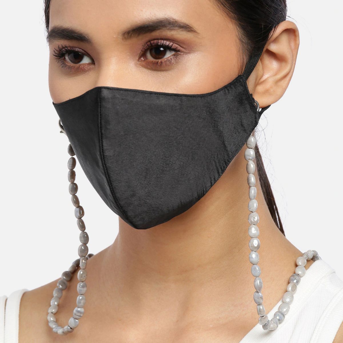 Blueberry Black Reusable 2-Ply Satin Face Mask With Grey Beaded Chain
