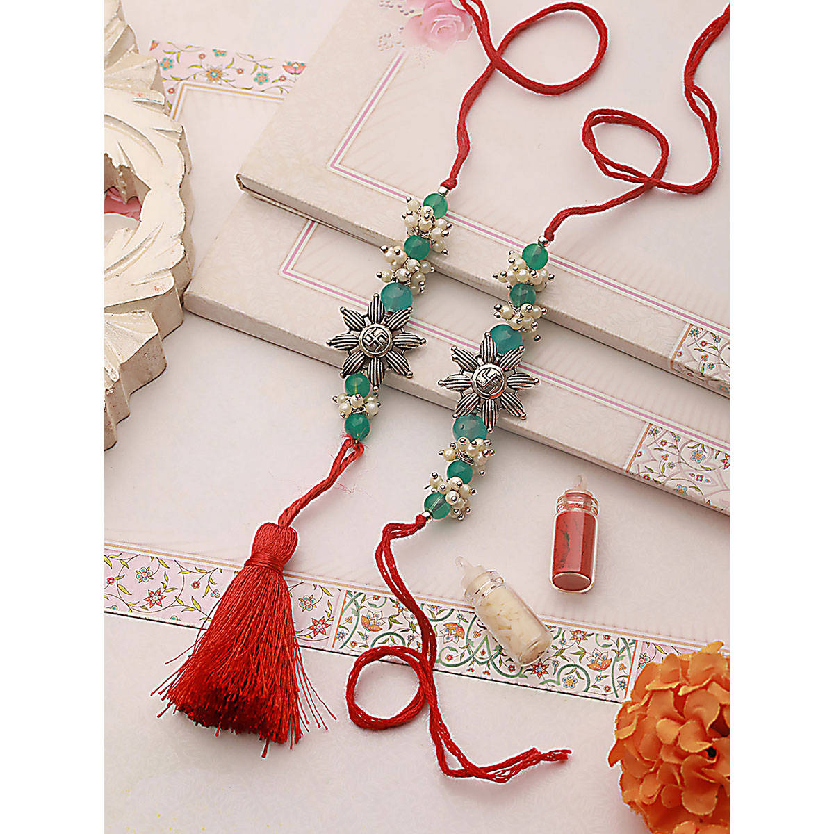 Aatmana Swastik Motif & Mogra Beaded Bhaiya Bhabhi Rakhi with Lamba & Roli Chawal