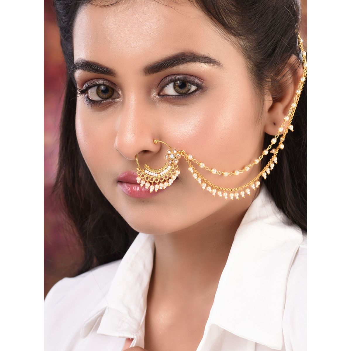 Buy MEENAZ Jewellery Traditional Maharashtrian Banu Nath Nose Ring Pink  Multi Colour Stone Gold Plated Along with Pearl Beads for Women and Girl Nose  Ring-105 at Amazon.in