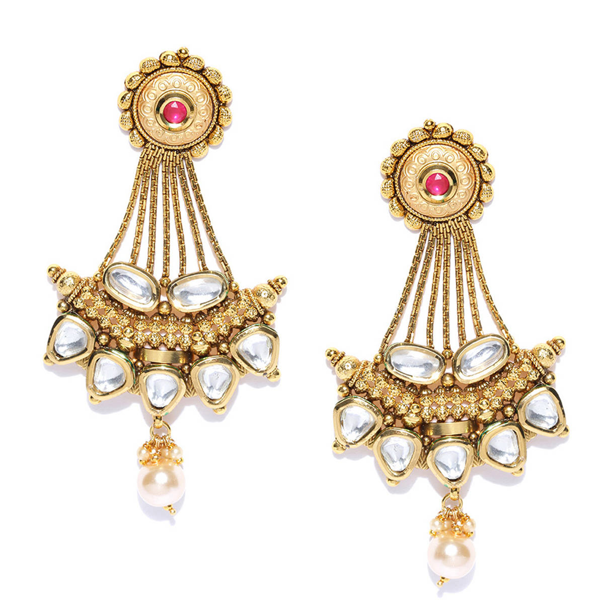 PANASH Off-white & Gold-plated Kundan-studded Handcrafted Classic Drop Earrings
