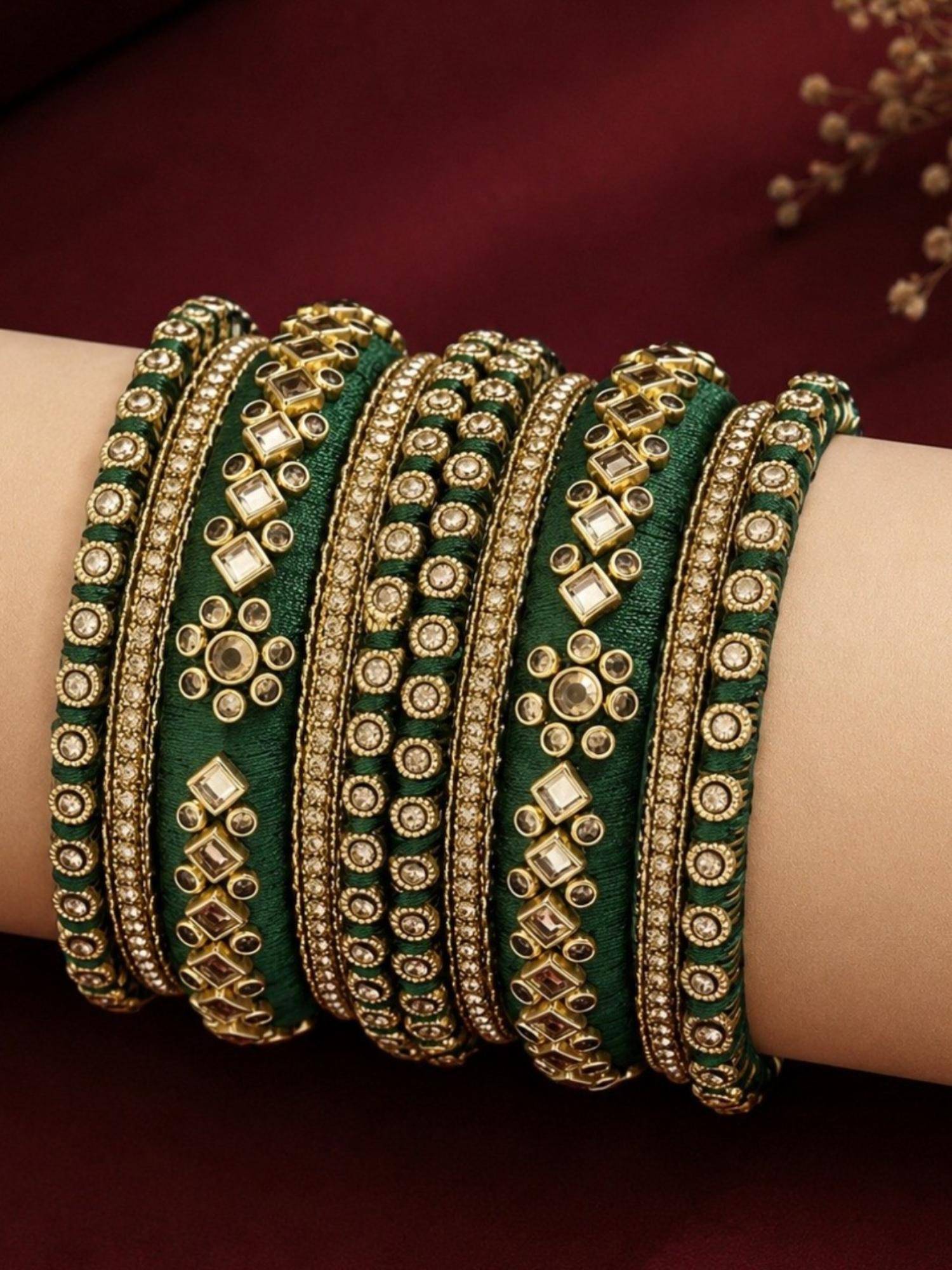 OOMPH Green Bridal Chuda Thread and Kundan Bangle (Pack Of 10) (2.6)