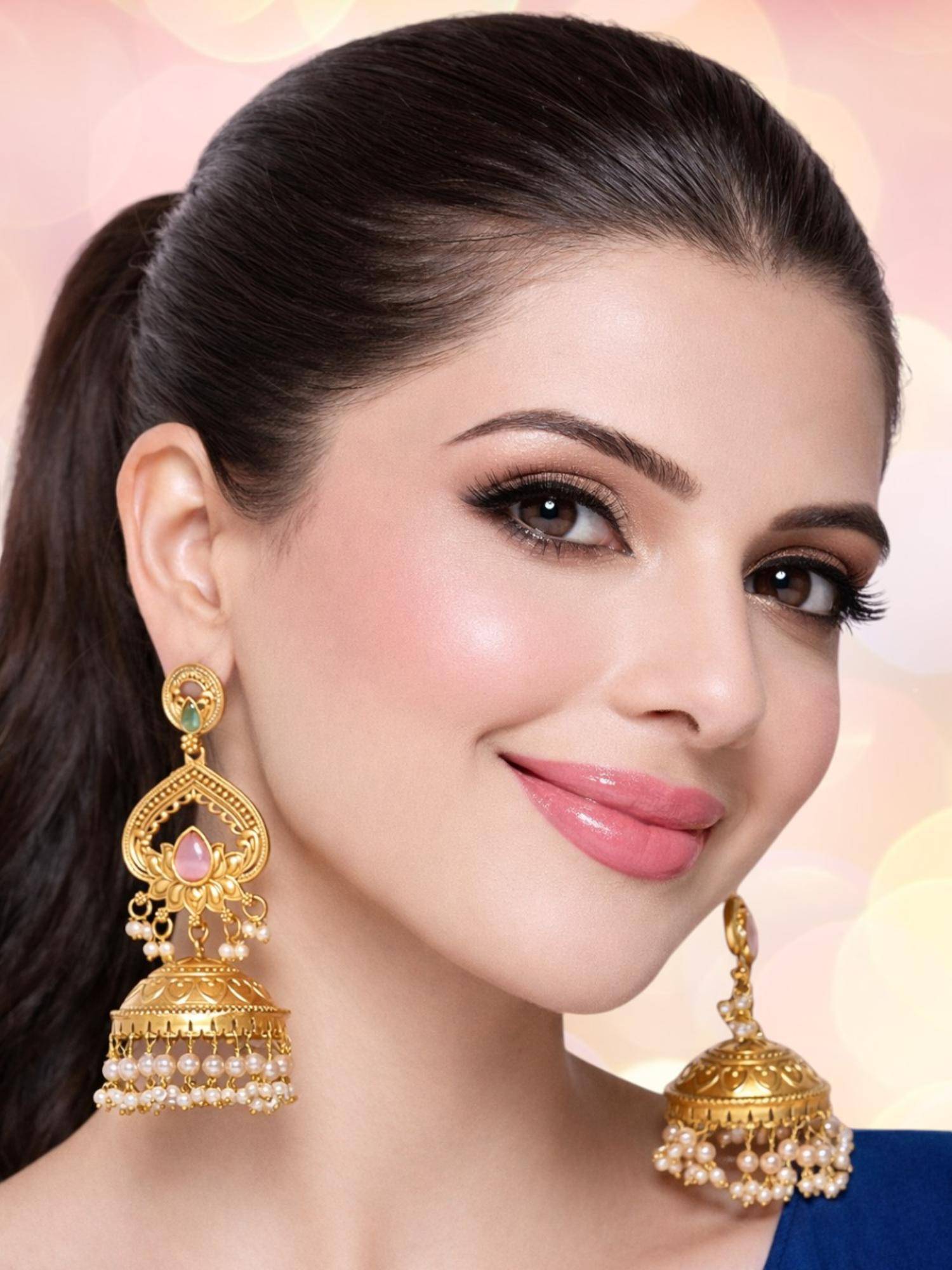 Fabula Matte Gold Lotus Design Large Jhumka Earrings